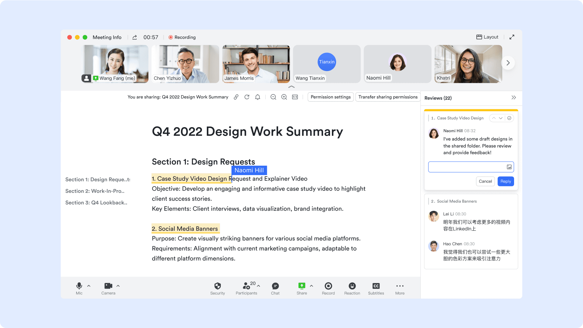 Real-time document collaboration and comments during meetings for enhanced productivity