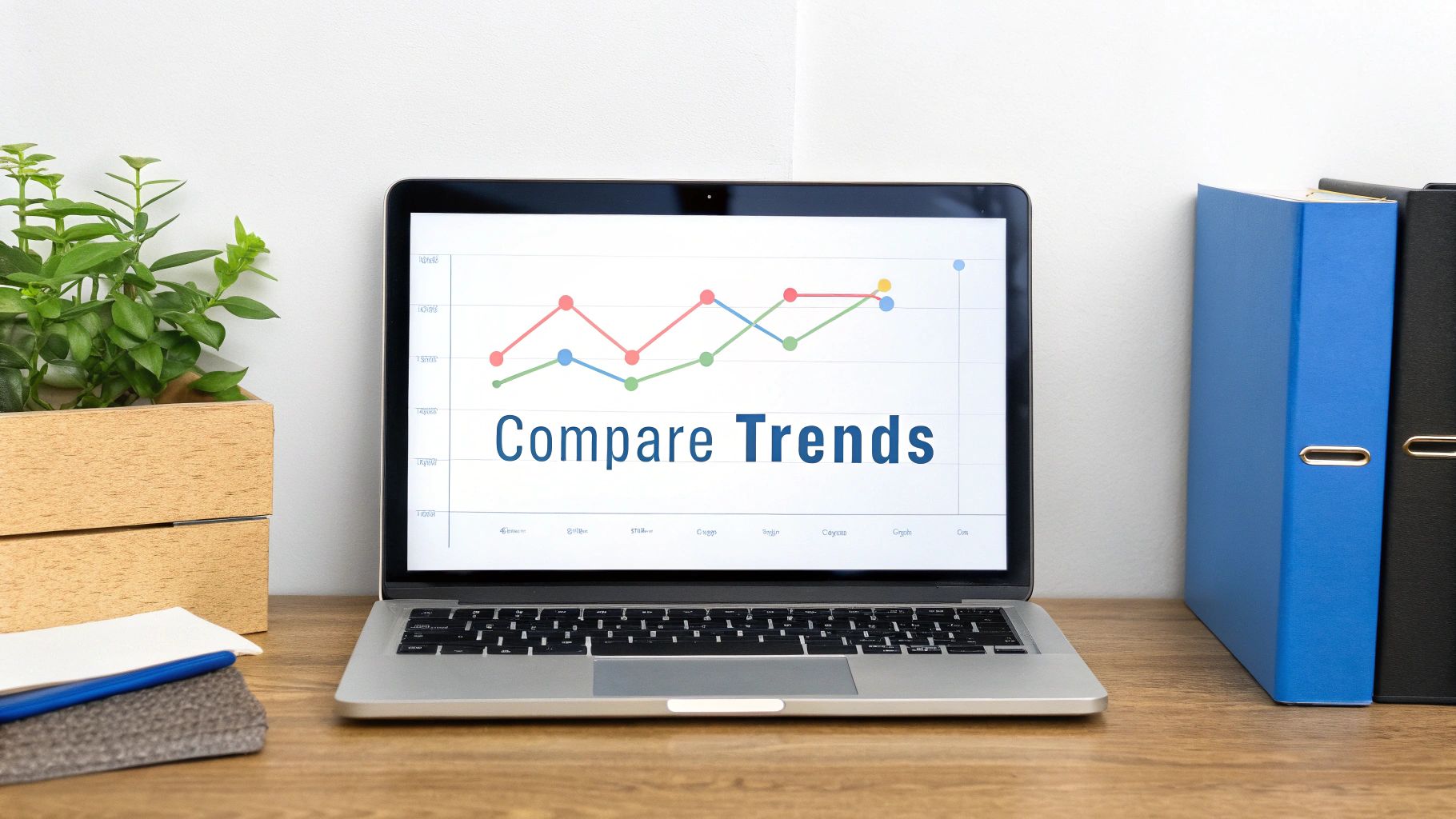 A laptop on a wooden desk displays a line graph comparing trends, next to a plant and office binders.