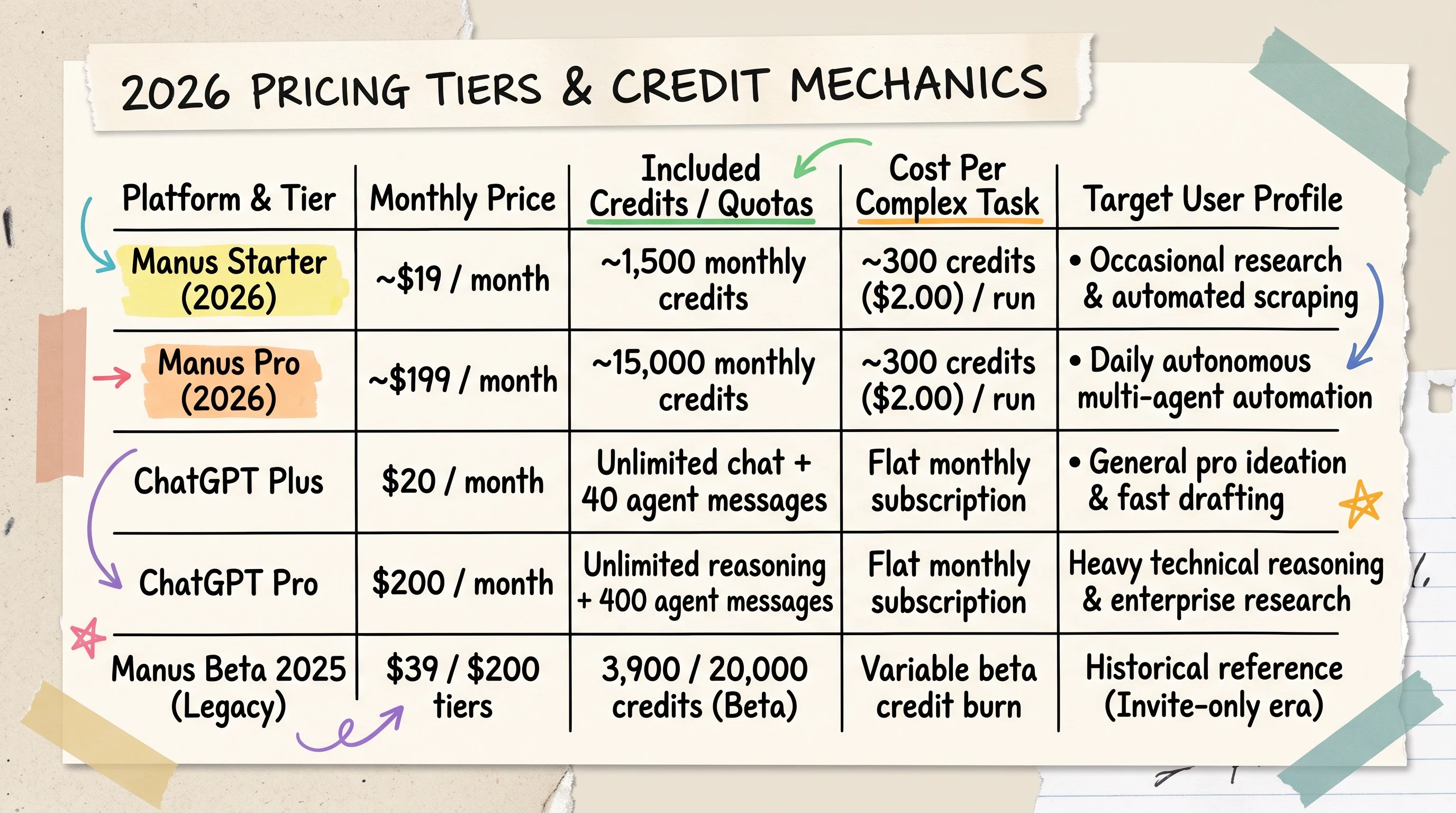 Pricing comparison matrix detailing Manus AI 2026 tiers ChatGPT Plus Pro plans and credit limits