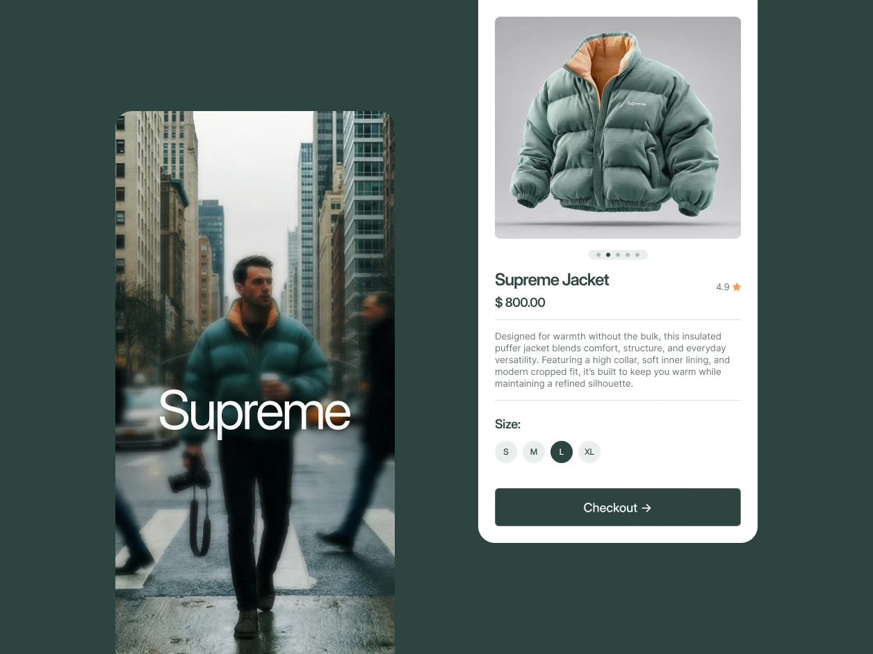 Lifestyle photography of a man wearing a teal Supreme jacket in a city street, paired with a clean mobile product interface design.