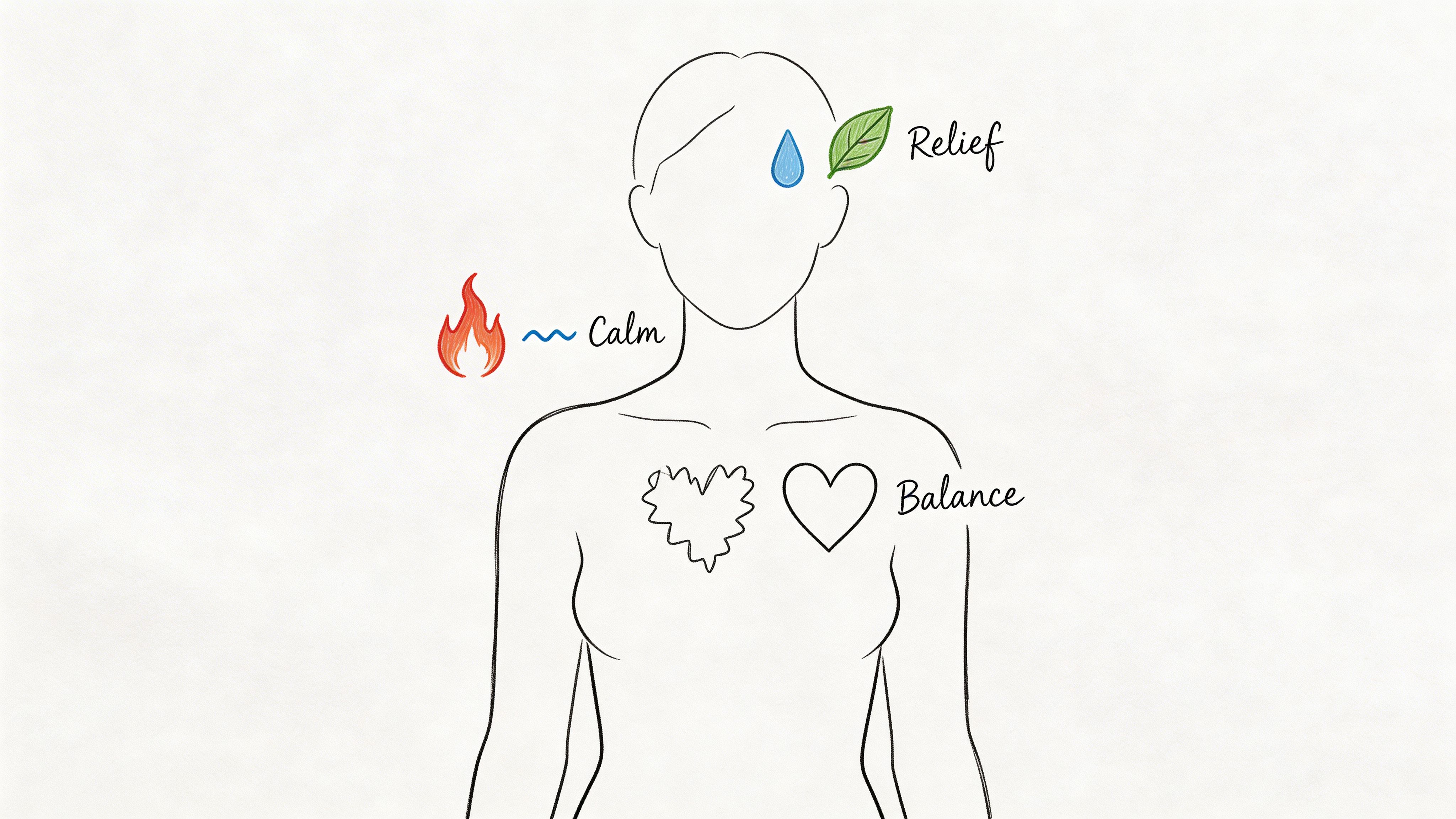 A line drawing of a person featuring symbolic icons representing relief, calm, and emotional balance.
