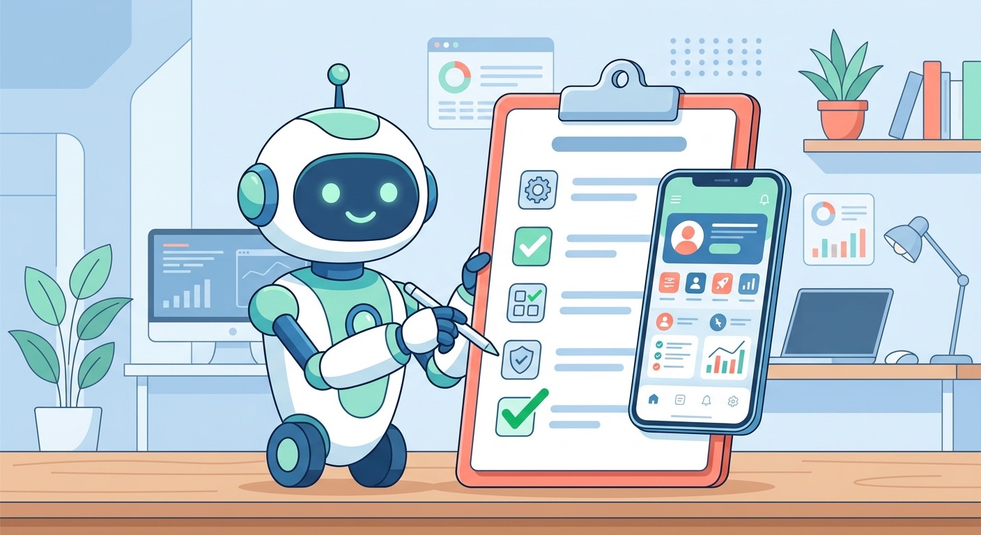 Illustration of an AI agent reviewing an app against a checklist and approving it