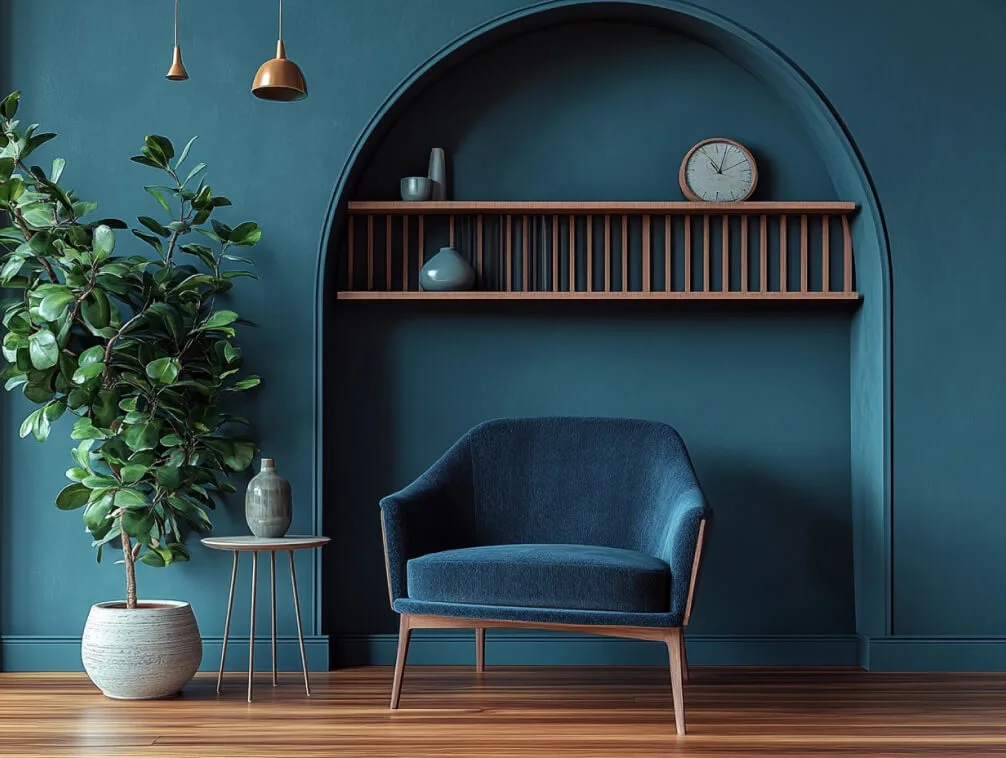 Modern interior with a blue accent wall, wooden shelf, potted plant, and a stylish blue armchair