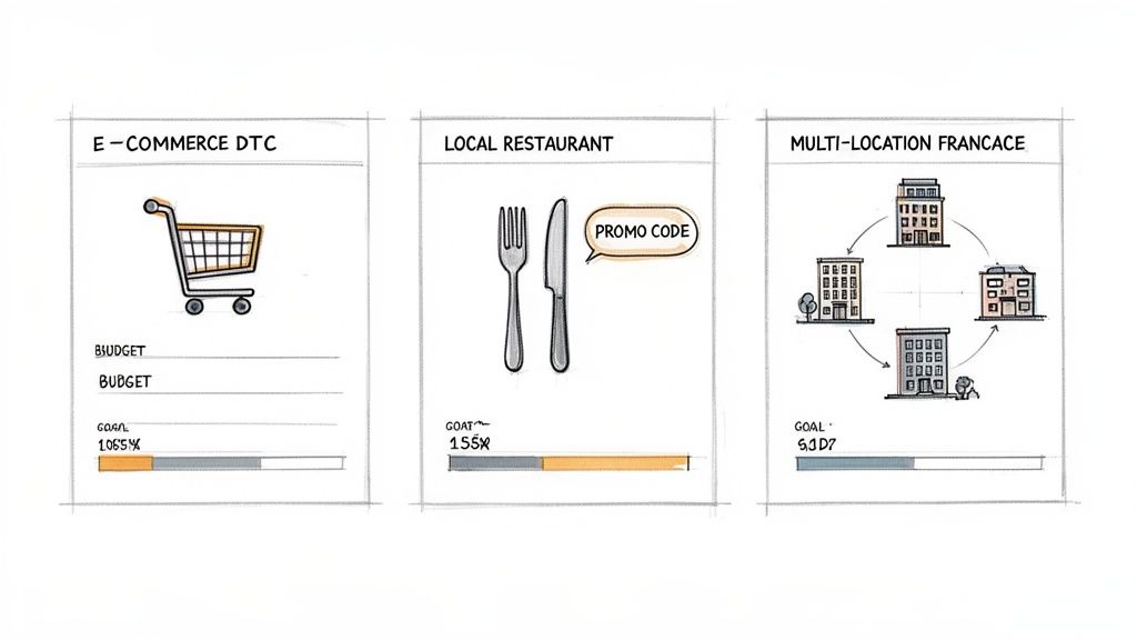 Three business cards illustrating e-commerce, local restaurant, and multi-location franchise with their goals and progress.