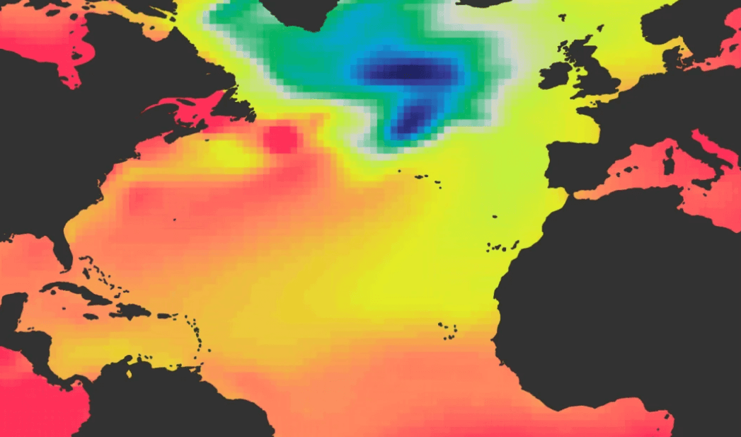 Atlantic Ocean sea surface temperature anomaly map highlighting temperature variations.