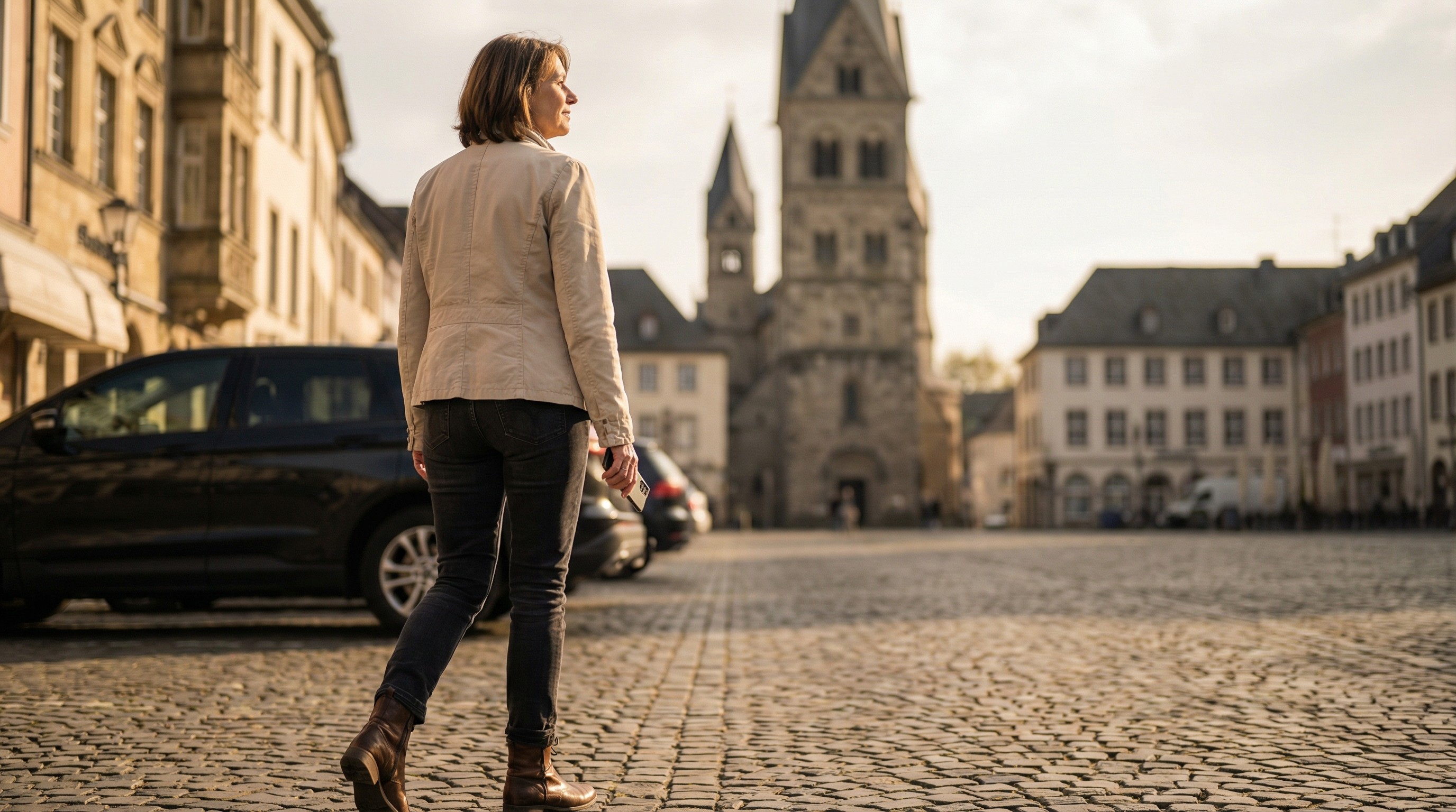 two people looking at a tablet and smiling