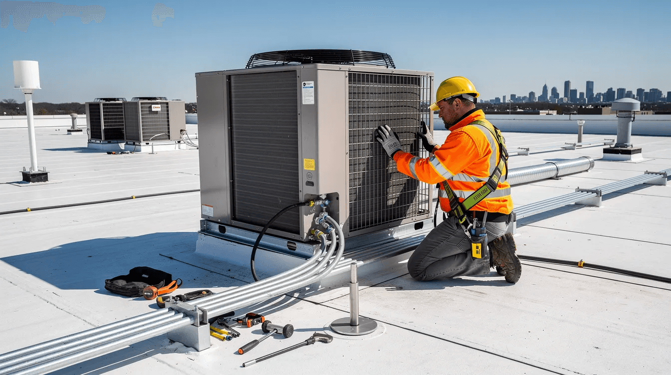 A construction worker is seen installing a new HVAC unit on the roof of a commercial building, highlighting the importance of capital improvements in maintaining rental properties. This installation can contribute to energy efficiency and potentially enhance the rental income for property owners.