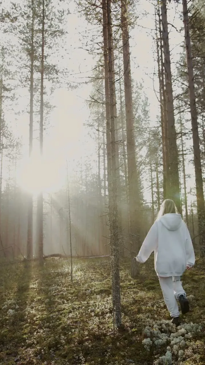 A walker in white heading into a pine forest lit by low sun on the Night Line