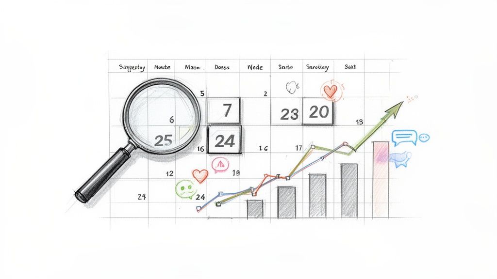 A sketch showing a calendar, magnifying glass, graphs, and social media icons for data analysis.