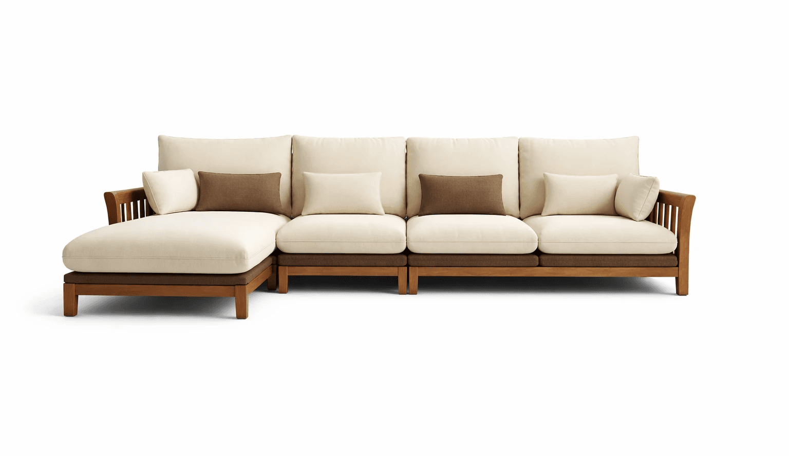 Wood‑framed sectional sofa with airy proportions and relaxed classic appeal