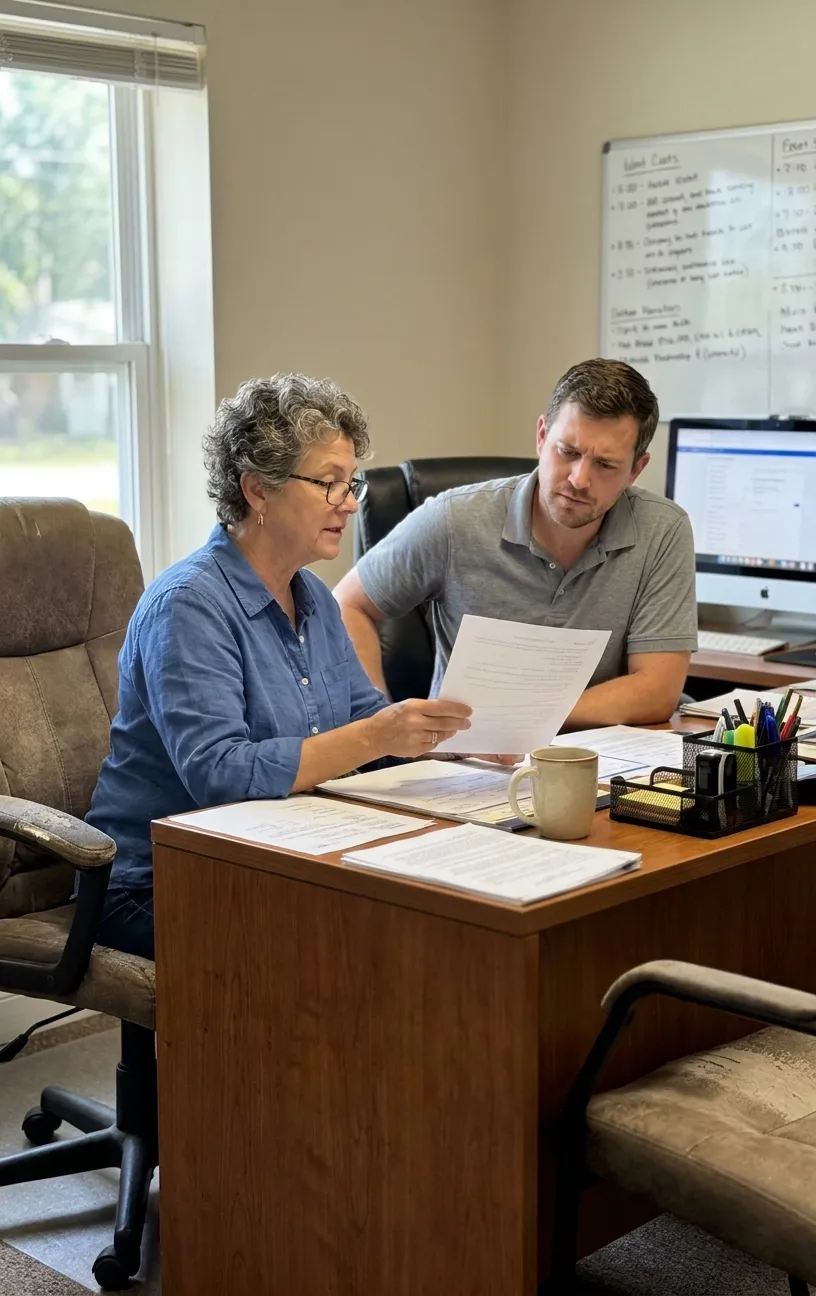 Man at desk reviewing files, RockN' Socials Digital Marketing Agency office.
