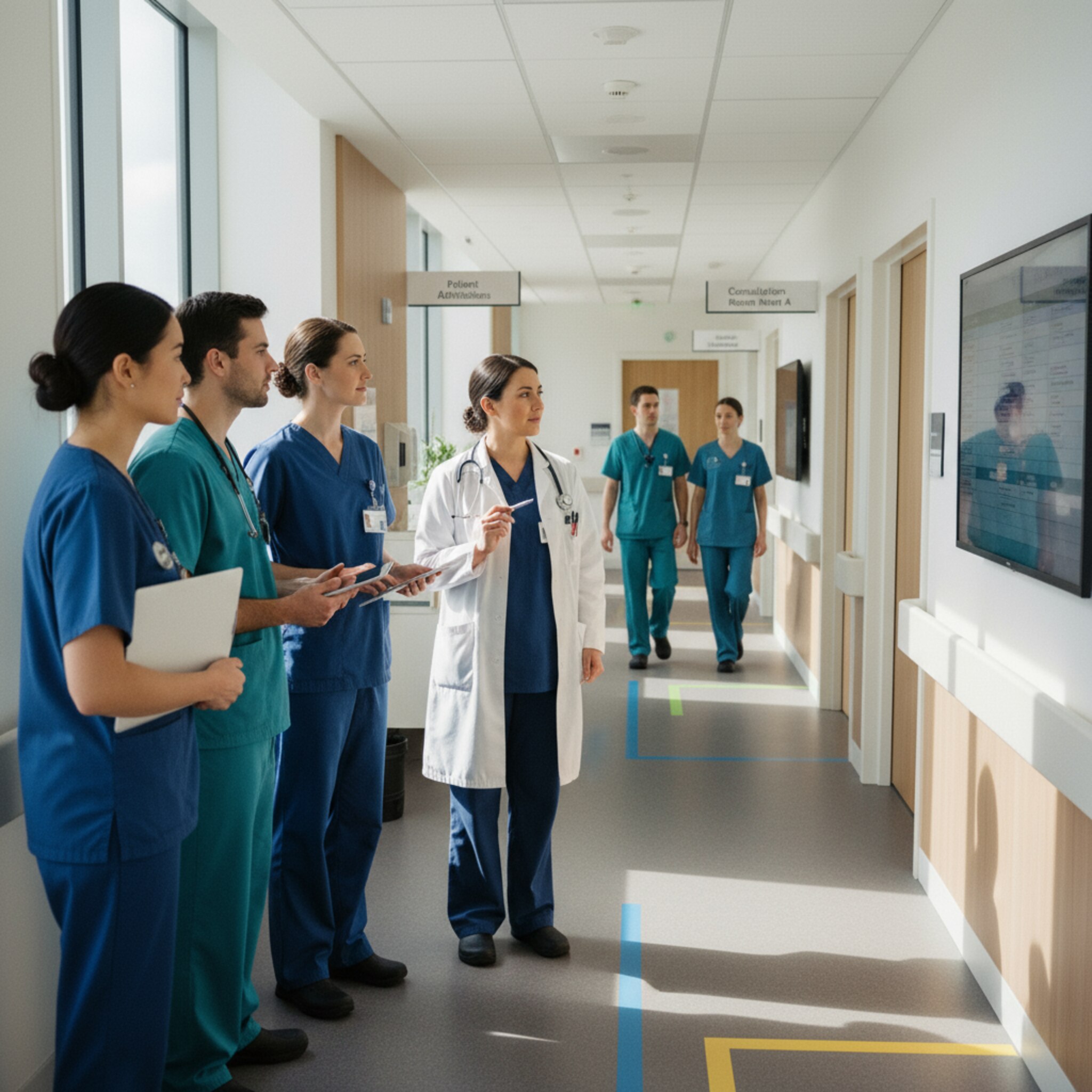 Während einer Morgenbesprechung blicken Teamleitungen auf die geordnete Agenda. Die Gruppe verteilt sich zügig auf vorbereitete Räume, Wege sind kurz und klar. Die Übergabe verläuft ruhig, Absprachen greifen nahtlos. Die Szene vermittelt Fluss, Orientierung und Verbindlichkeit.