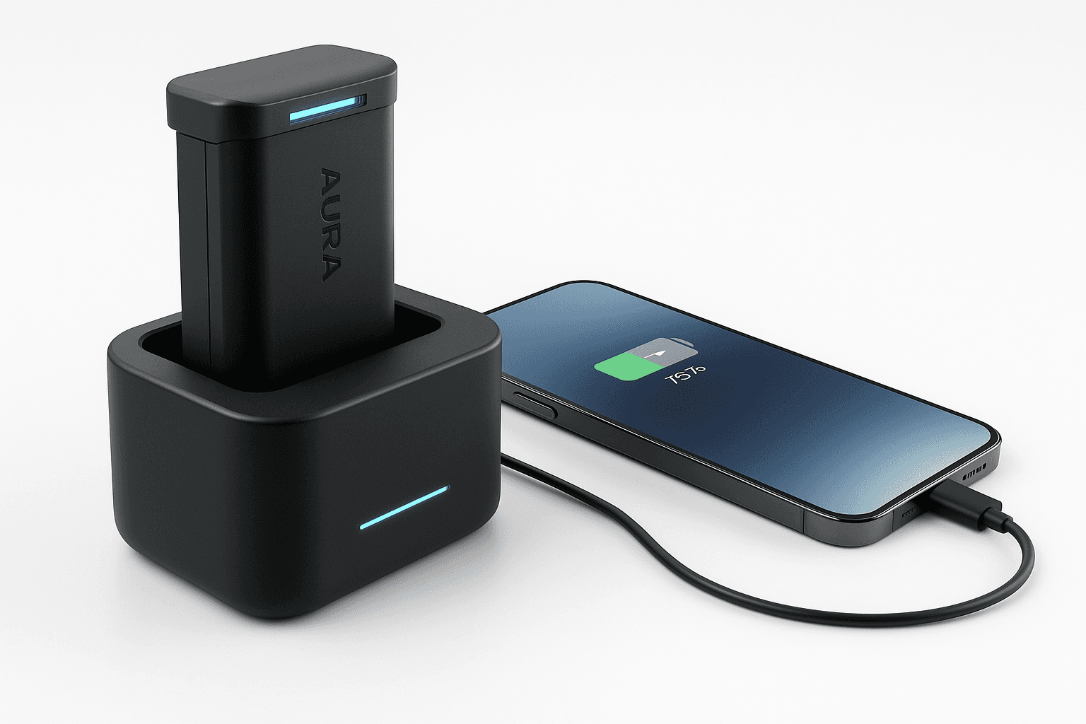 A sleek black wireless charging station with a glowing LED light is connected to a smartphone showing a 75% charged battery, with a compact black battery pack standing upright in the dock, emphasizing portable charging solutions.