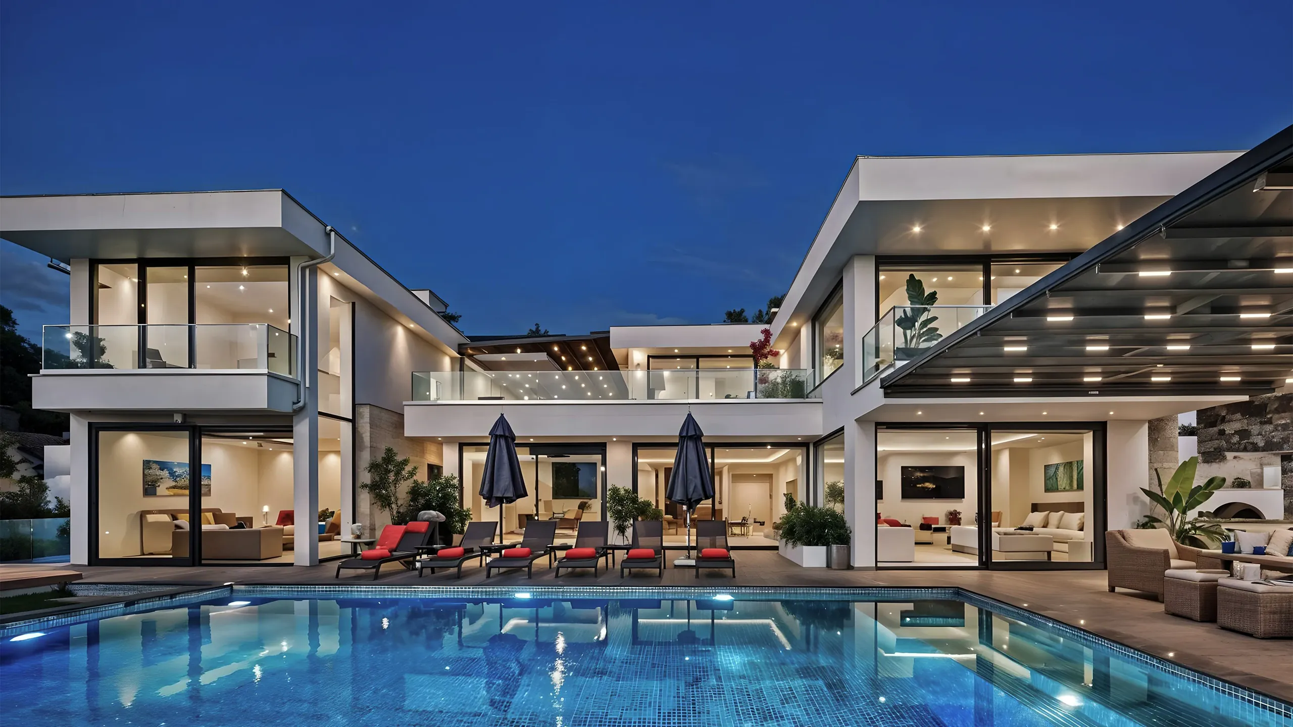 AI-generated photorealistic render of a villa exterior with poolside view created using MINIST.