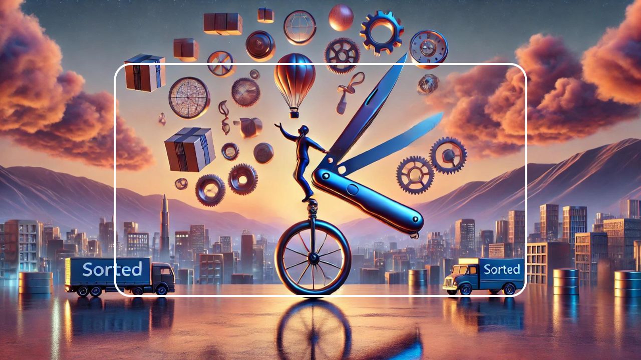 Surreal scene of a figure balancing on a unicycle atop a Swiss army knife with gears, packages, and delivery trucks around