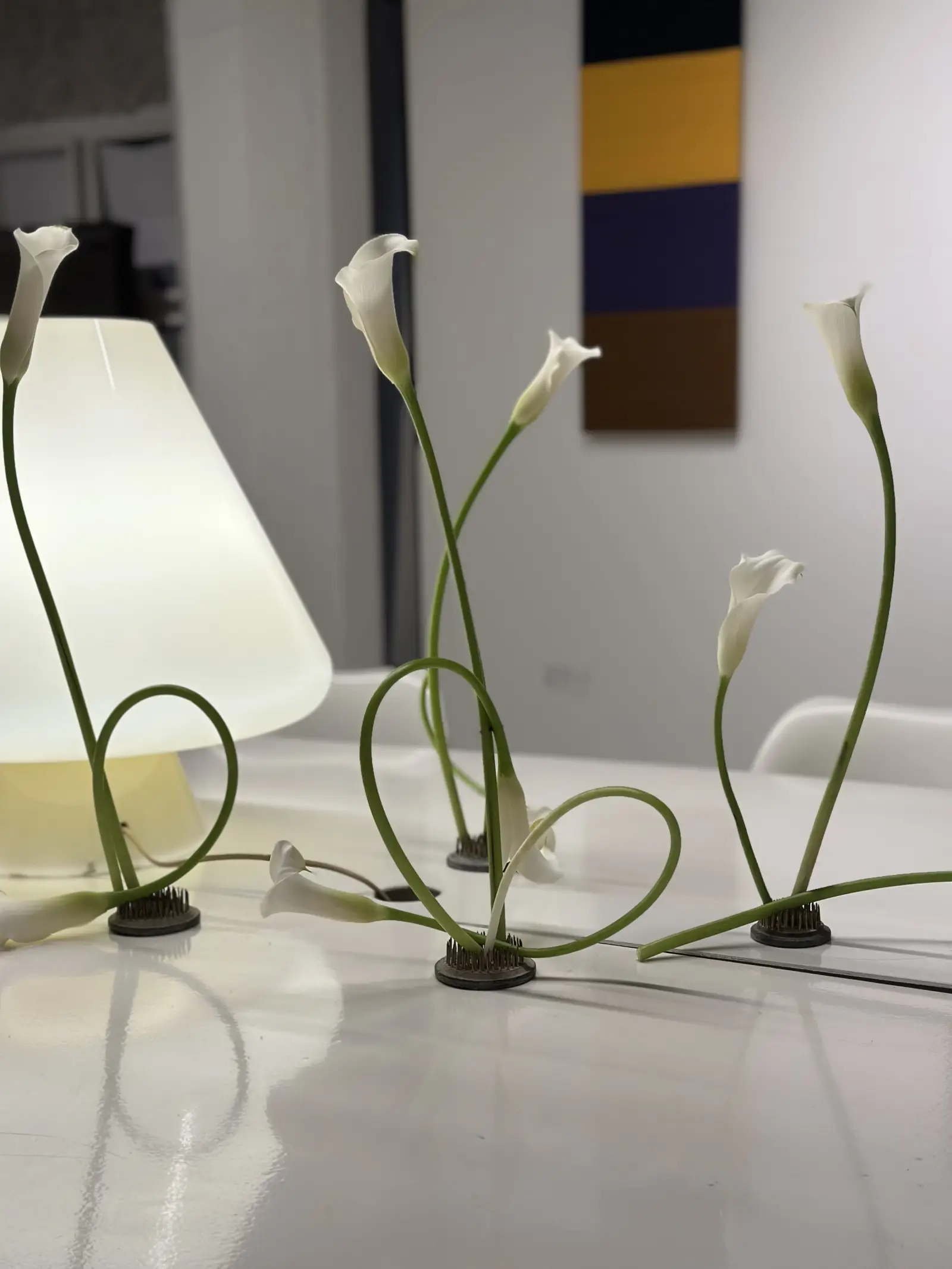 Detalle de calas blancas con tallos entrelazados de forma orgánica junto a lámpara cónica de luz cálida.