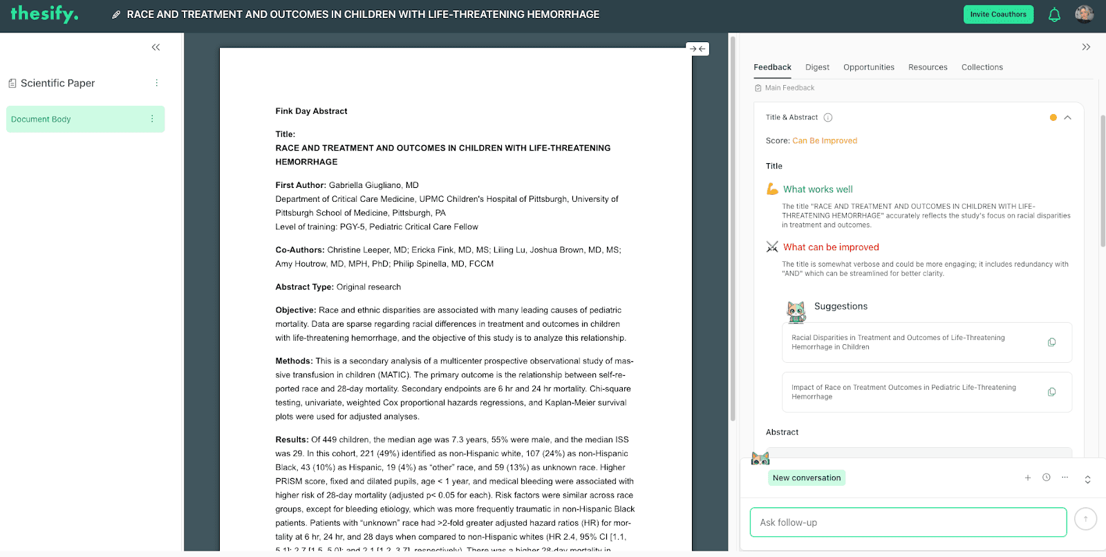 thesify workspace with manuscript view and title and abstract feedback sidebar
Image title: thesify Workspace View for Title and Abstract Feedback