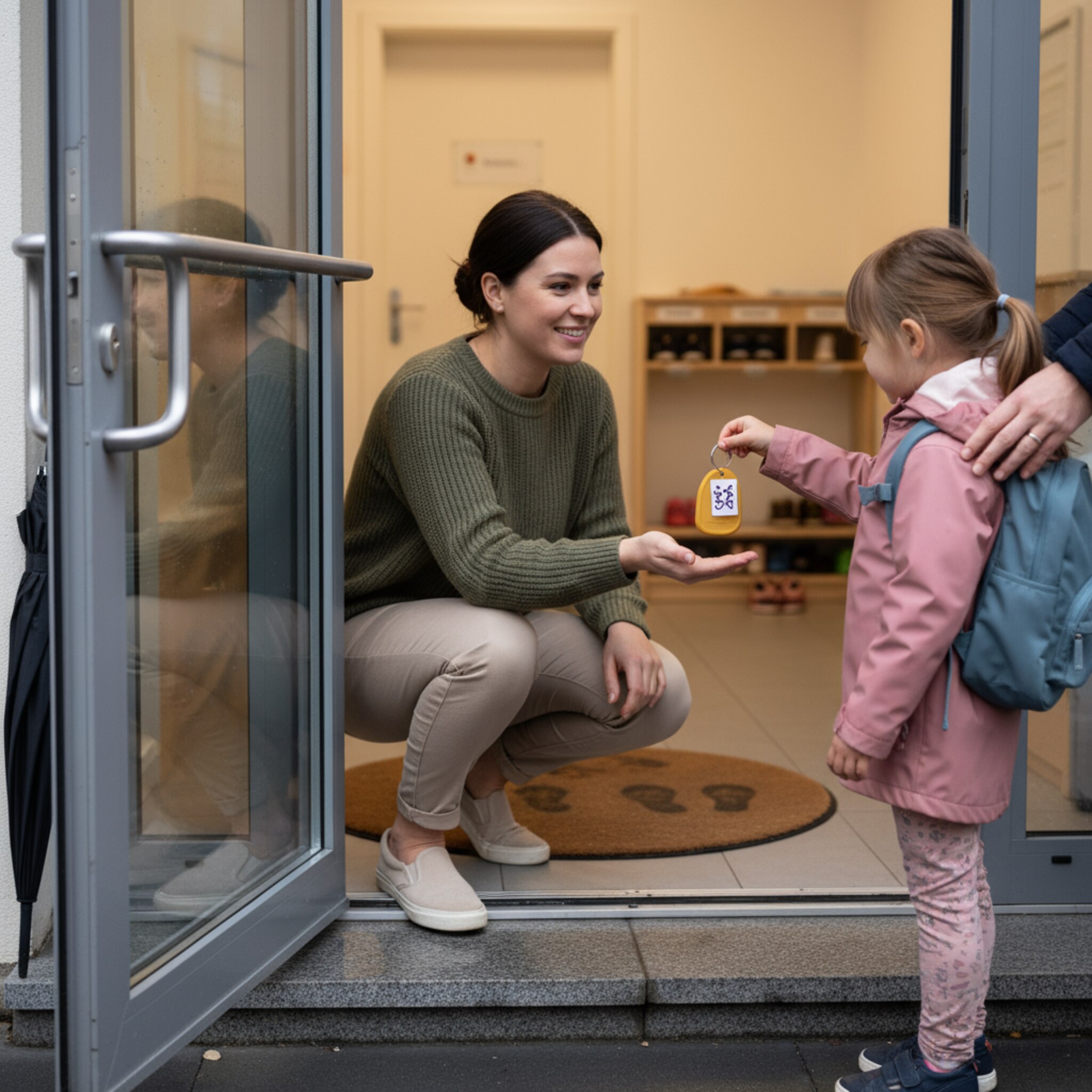 Erzieher begrüßt Kind an der Kita-Tür, das Kind hält einen Schlüsselanhänger mit Code, klare Übergabesituation, keine sichtbaren Interfaces