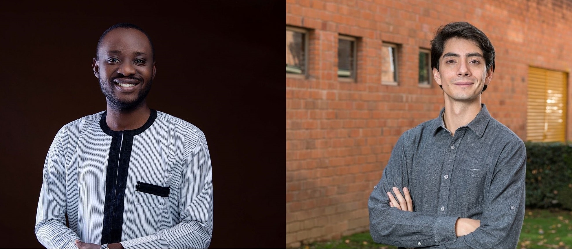 A Nigerian man and a Latino man smiling at camera