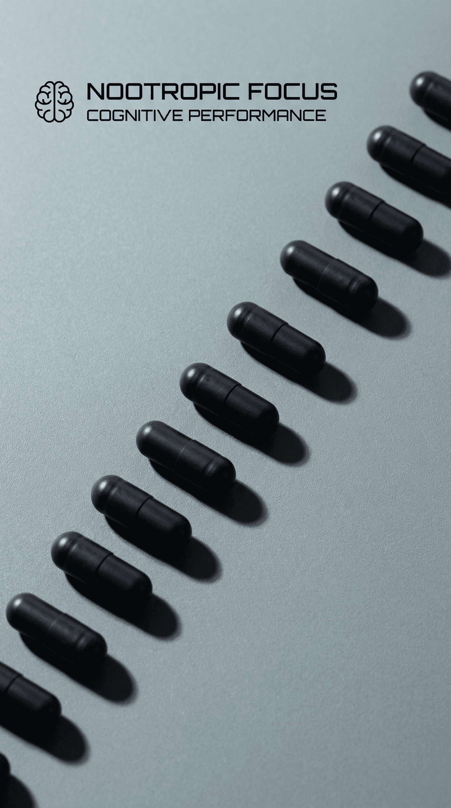 Nootropic Focus cognitive performance text with black capsules on a grey background