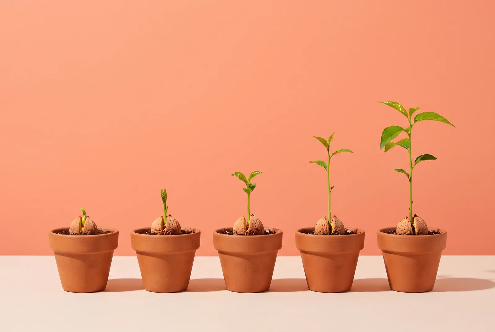 Five small clay pots in a row with a seedling growing taller from a peach pit in each, showing how wives of porn addicts can tell real change over time from promises