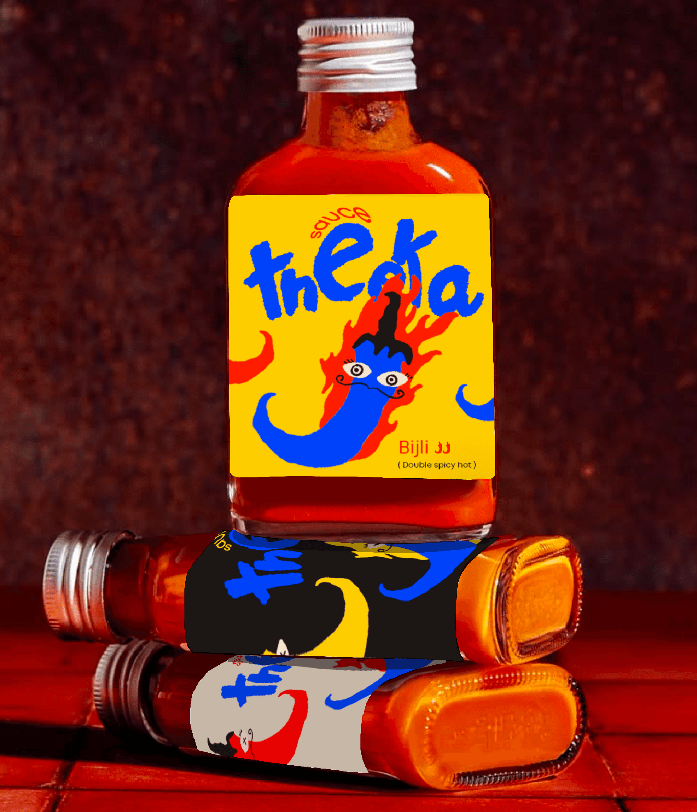 Product packaging mockup of Theeka Indian hot sauce showing vibrant label design, bold typography and modern condiment branding.