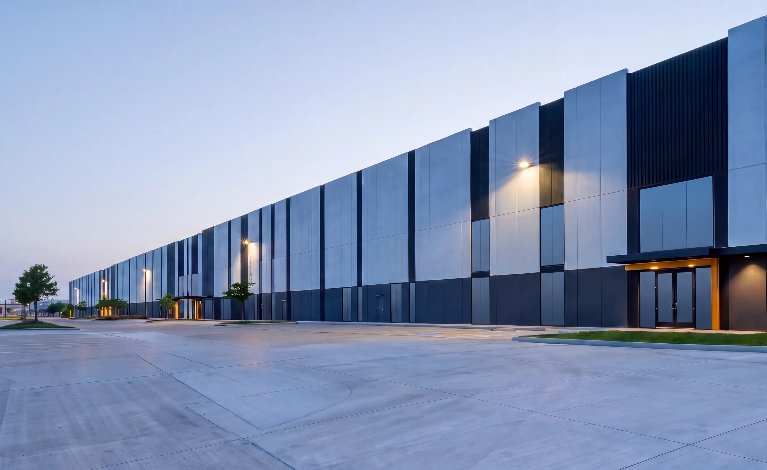 Creation industrial distribution facility shown across a full day-to-night lighting cycle