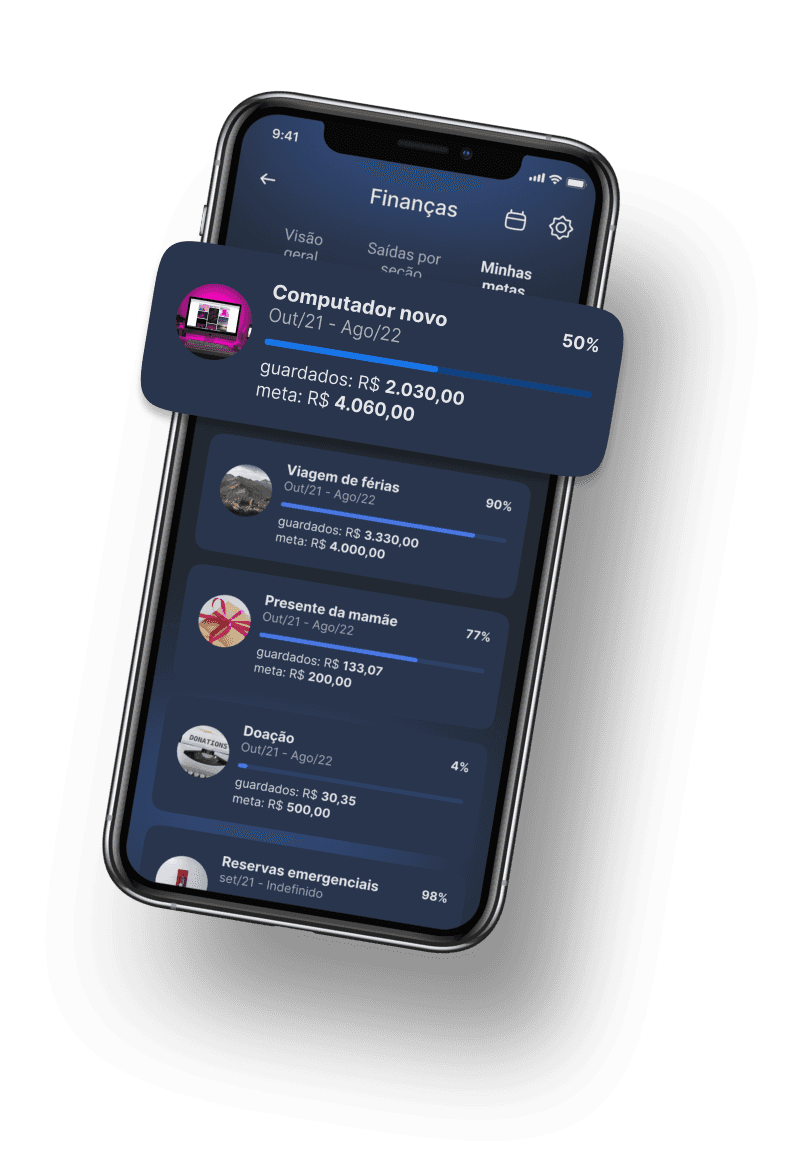 Interface mostrando diveras metas e o seu andamento até a conclusão