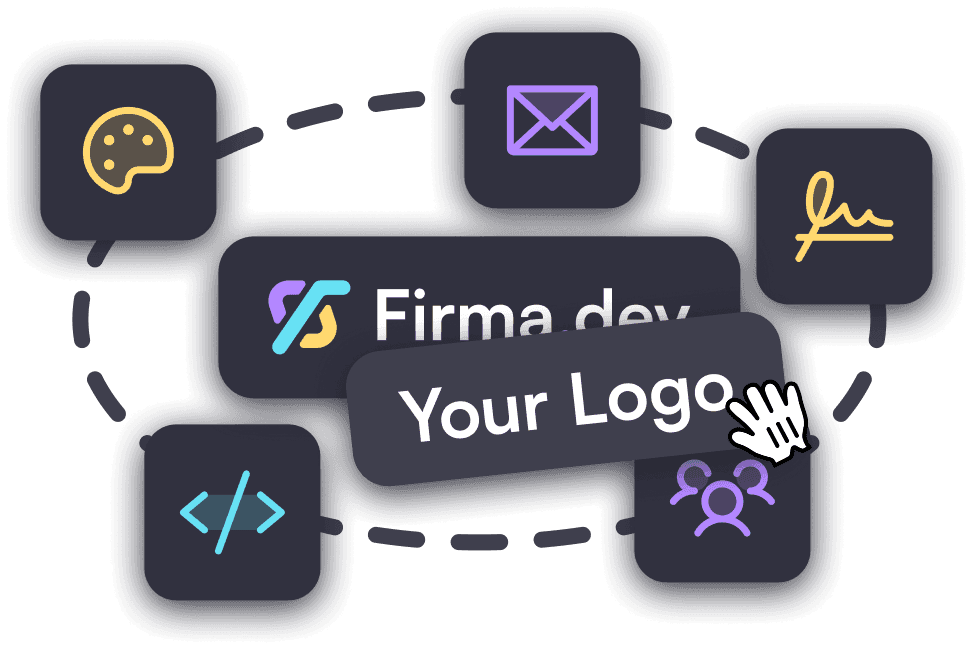 A dark-themed graphic showing a central "Your Logo" placeholder card connected by dashed lines to surrounding icons representing various services: a palette, an email envelope, a signature, a code editor (</>), and a user group — illustrating a logo/brand integration ecosystem.