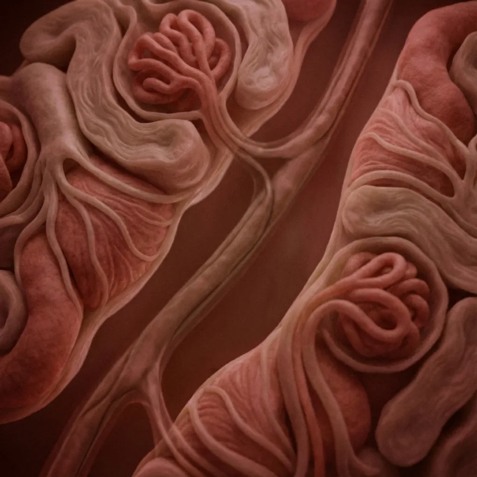 स्टैंडर्ड 2D लैप्रोस्कोपिक व्यू of prostate tissue: neurovascular bundle लो-कॉन्ट्रास्ट बैकग्राउंड में ब्लेंड हो जाता है, जिससे nerve प्रिसर्वेशन की क्लैरिटी लिमिट होती है।