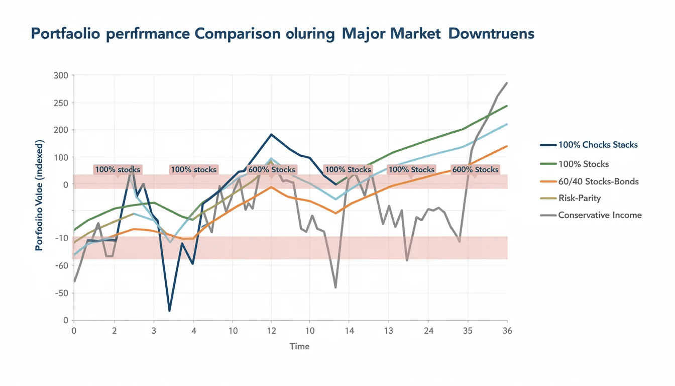 The image depicts a graph comparing the performance of various portfolio allocation strategies during market downturns, highlighting the effectiveness of dynamic asset allocation in managing risk and volatility. It illustrates how different investment strategies, including strategic asset allocation and actively managed funds, respond to changing market conditions.