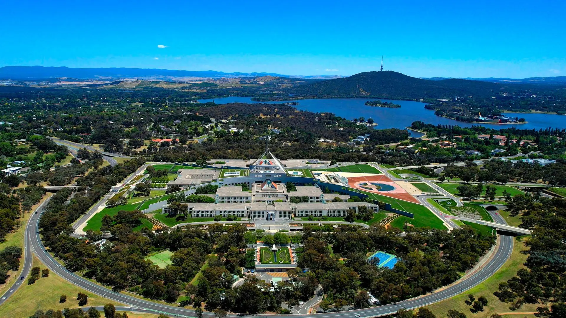 Parliament House, Canberra, with Lake Burley Griffin in background