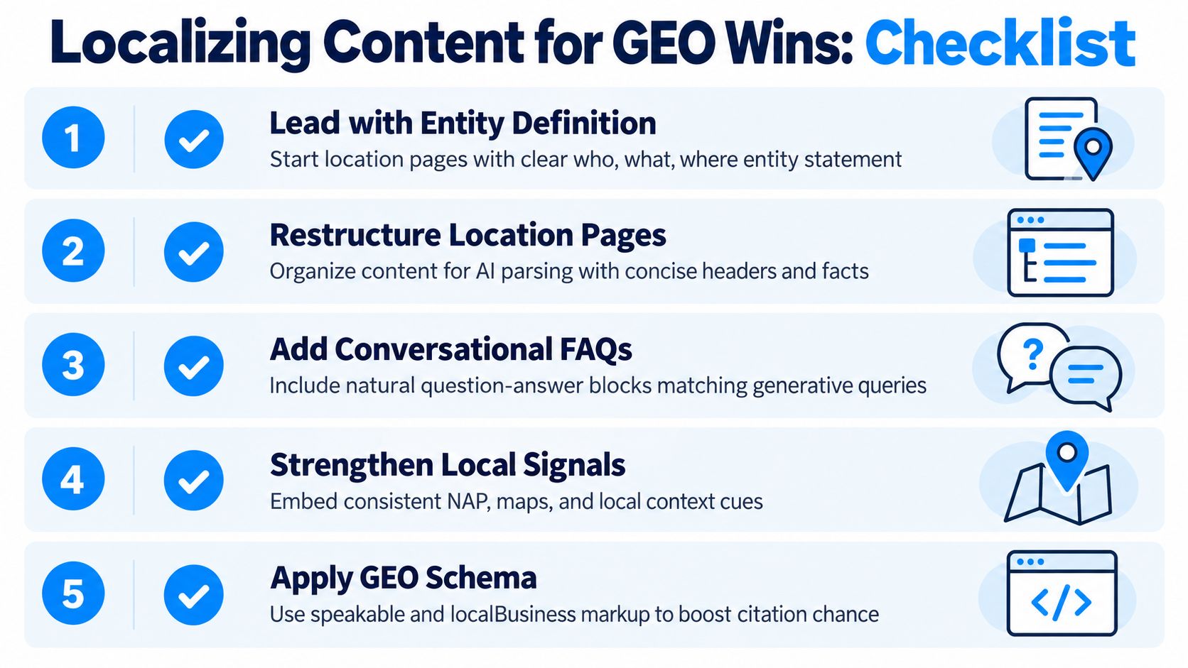 A five-step checklist for optimizing local content to achieve better visibility in generative search engine results.