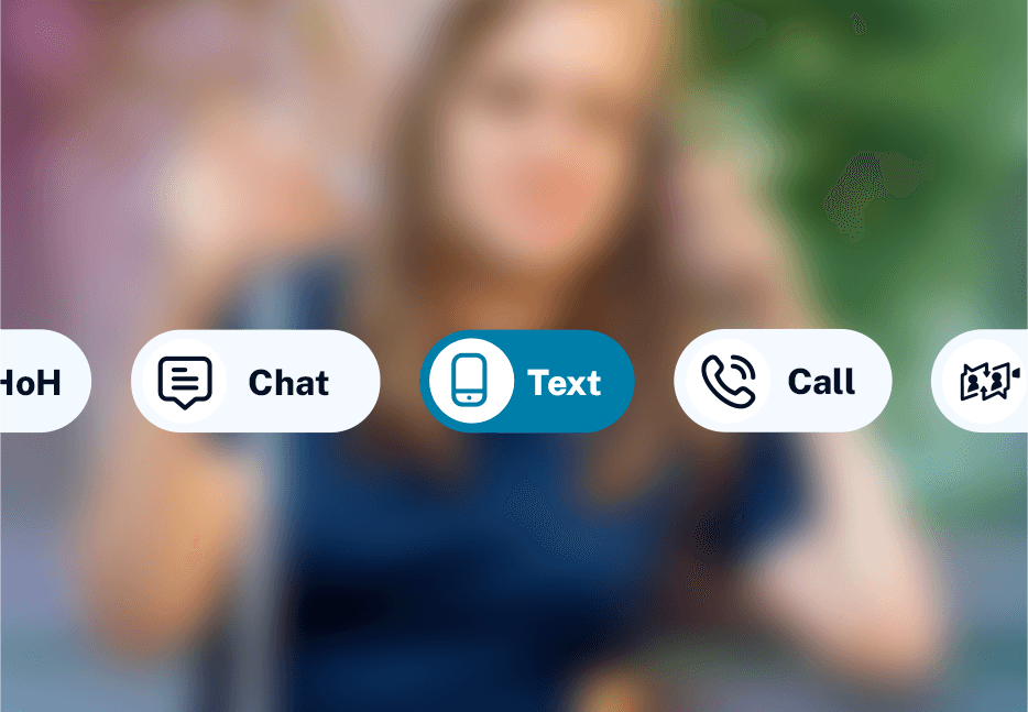 Detail: rounded buttons with minimalist icons representing the four ways to connect (Chat, Text, Call and ASL Now).