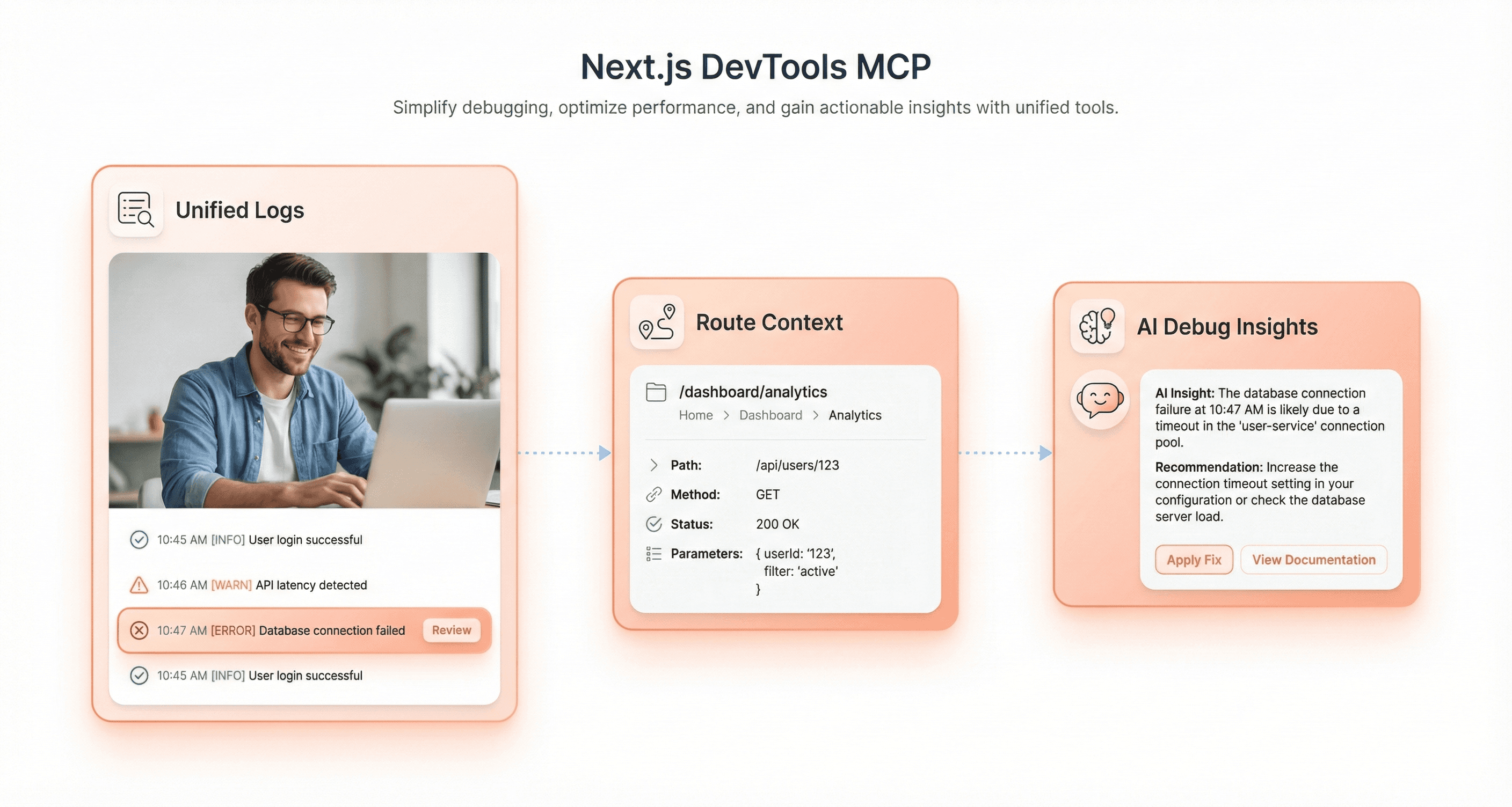 Next.js 16 developer tools showing unified logs, route context, and AI-assisted debugging for faster issue resolution.