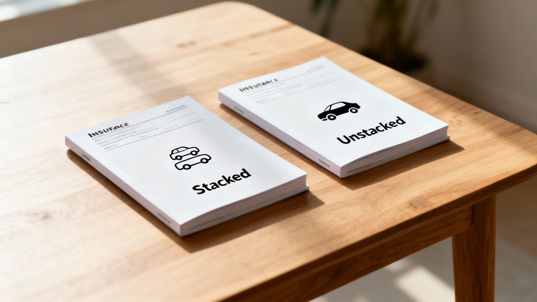 Two insurance documents on a wooden table, illustrating stacked and unstacked auto coverage options.