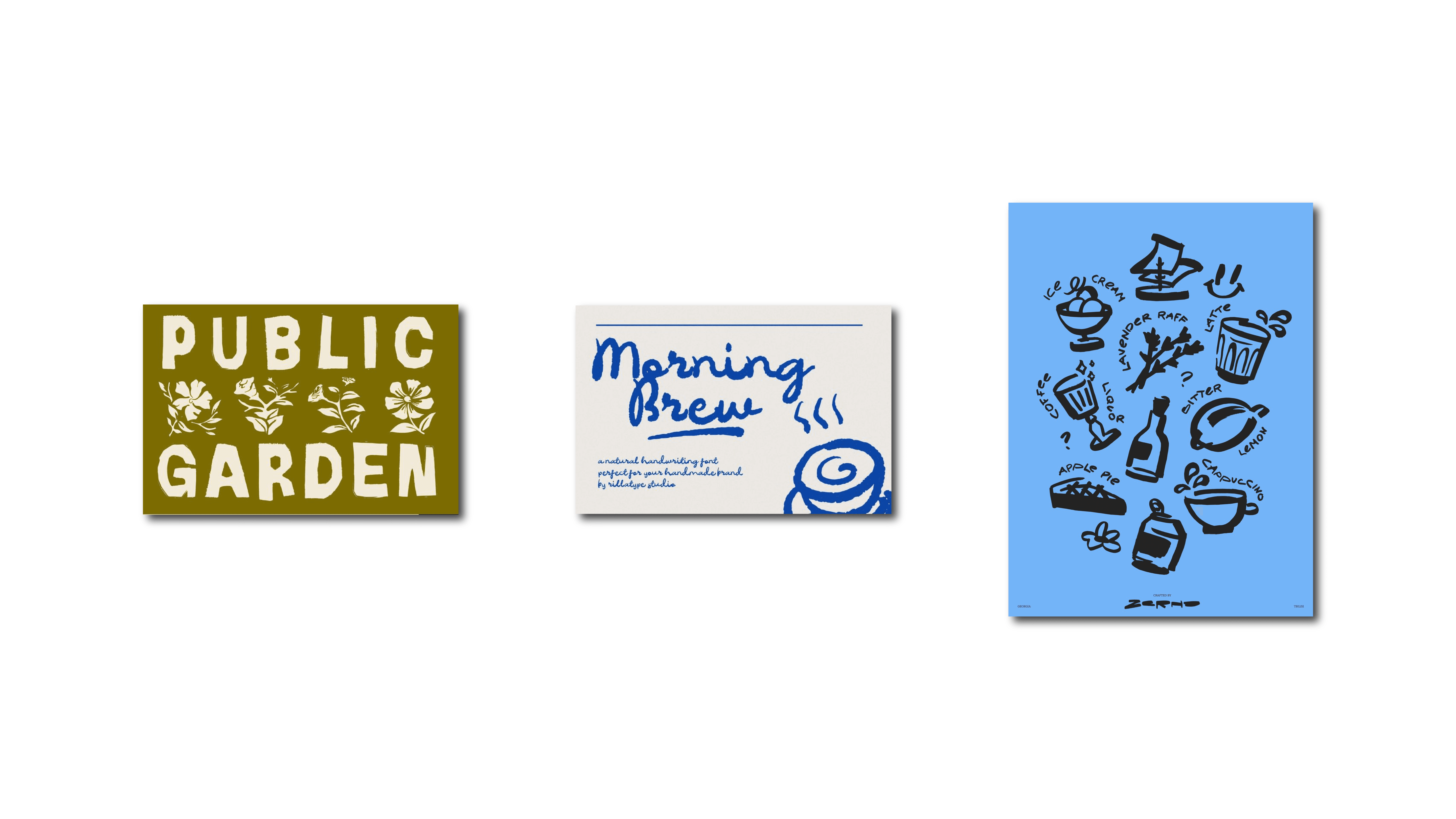 Collage of hand-drawn typography, textured print posters, and organic graphic branding.