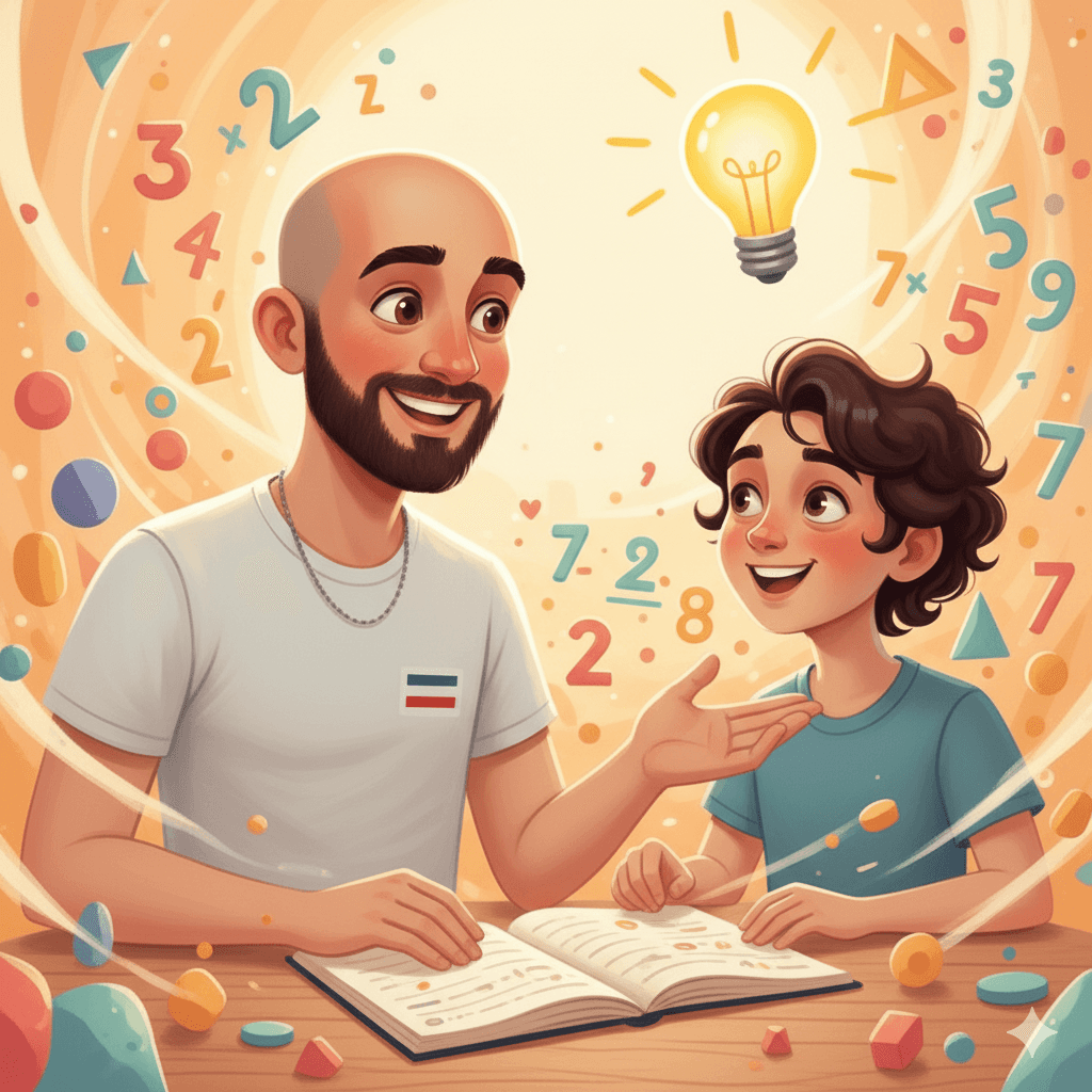 Aula de explicação de matemática para 2º ciclo com professor e aluno a resolver exercícios, ambiente educativo positivo com números e formas geométricas