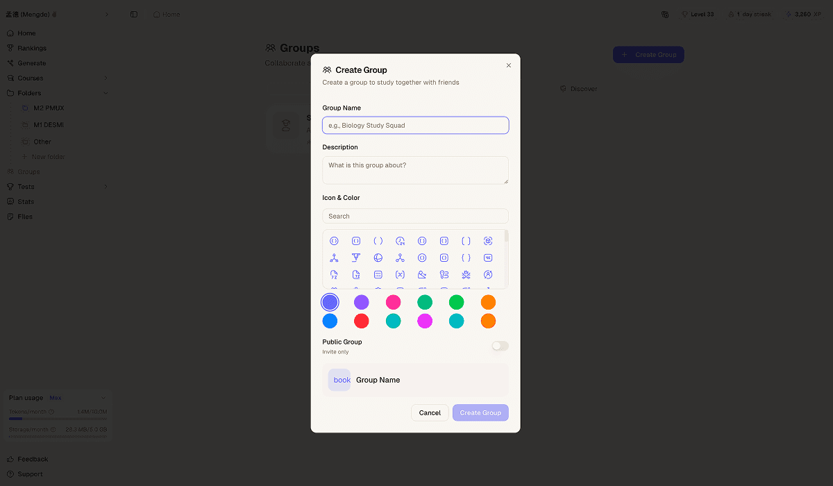 atlas ai powered learning app groups dialog