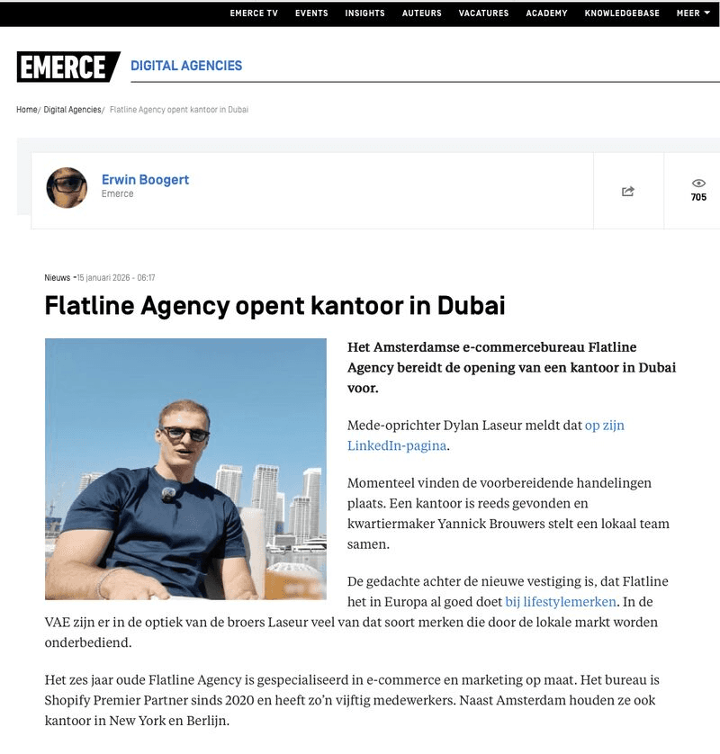 Emerce-Artikel mit der Überschrift Flatline Agency opent kantoor in Dubai über das neue Büro