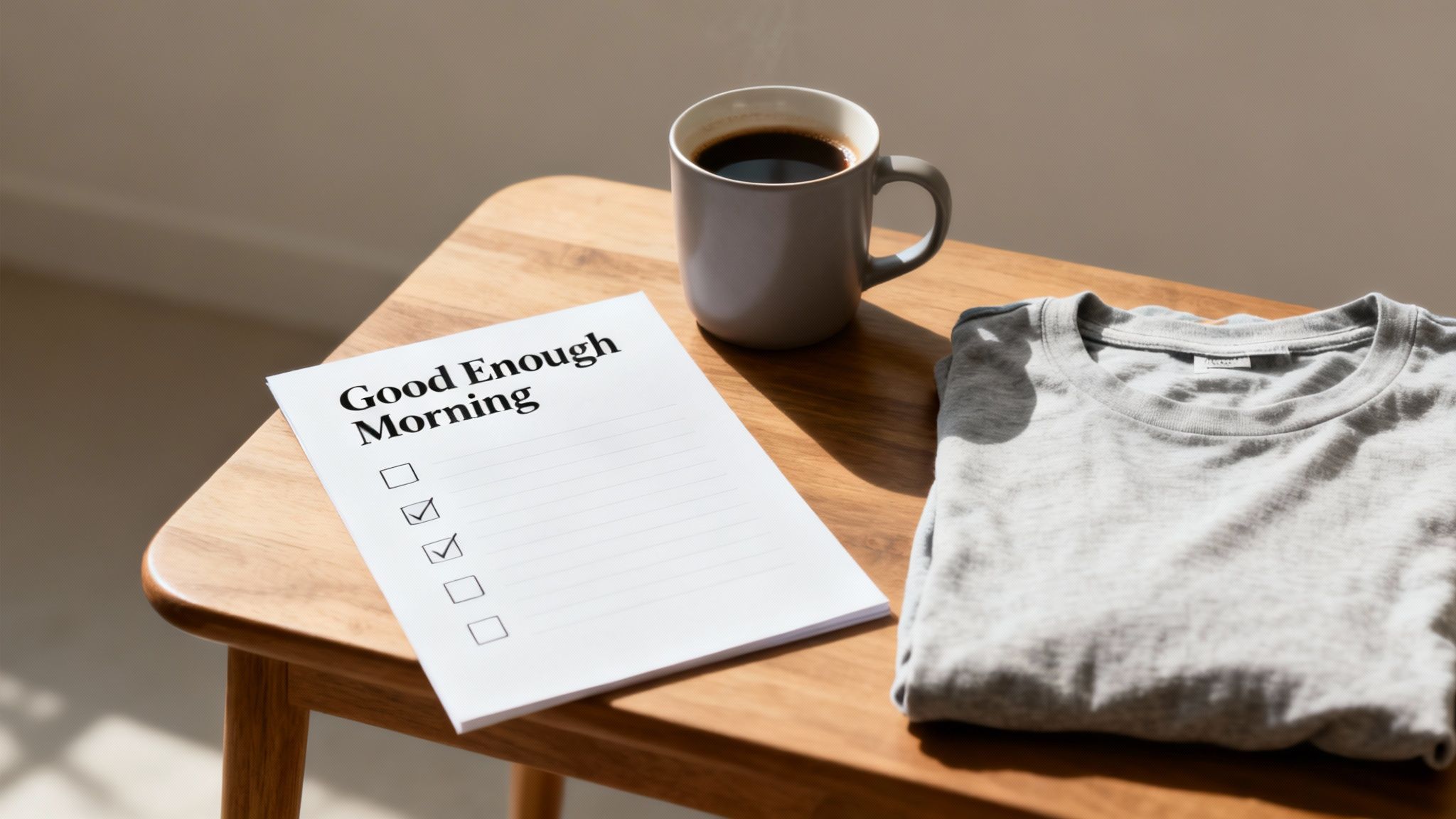A person calmly watering a single small plant on a windowsill, symbolizing starting small and nurturing one habit.