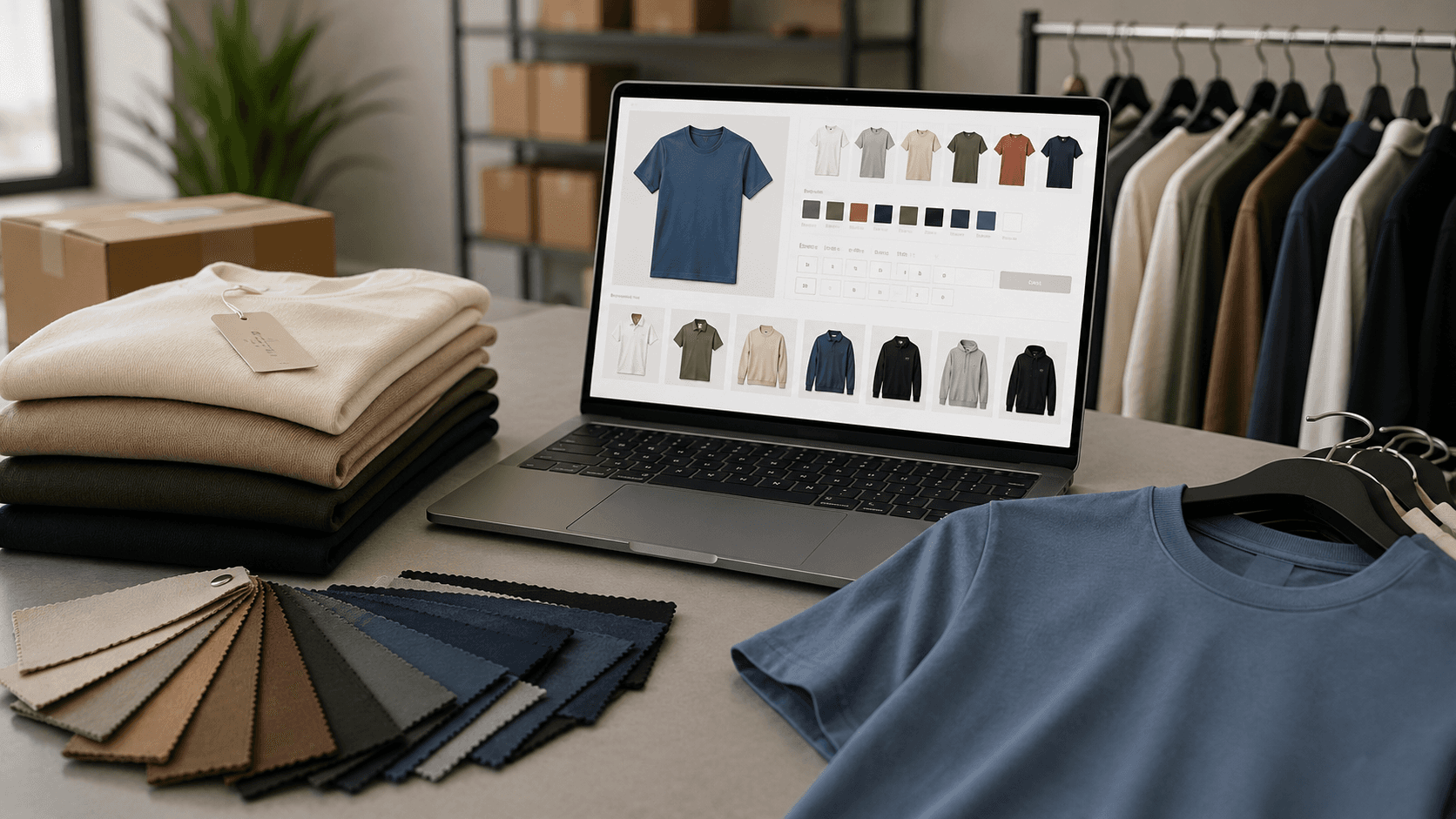 Imagem em estilo realista 3D mostrando um showroom moderno da indústria têxtil. Em primeiro plano, um notebook exibe um catálogo digital B2B com diversas peças de vestuário, opções de cores e variações de produtos. Ao redor, há amostras de tecidos, roupas dobradas, peças em cabides e caixas de estoque organizadas. O ambiente transmite gestão digital de coleções, vendas por catálogo e pedidos de atacado, sem a presença de representantes comerciais. A composição é profissional, limpa e voltada para o comércio B2B de moda.