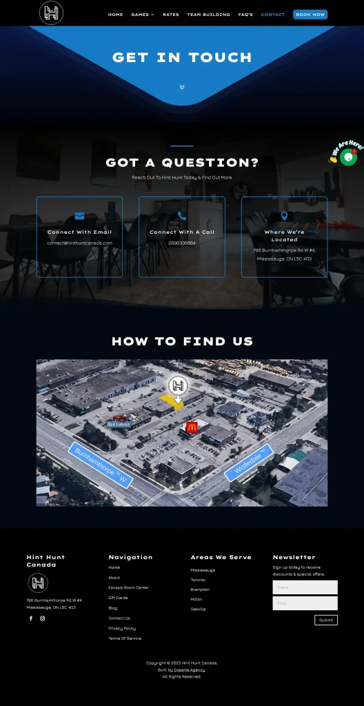 Contact Page For Hint Hunt website developed & designed by Dreams Agency Mississauga, Ontario