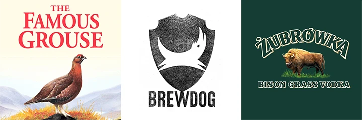 Famous Grouse logo, Brewdog logo, Zubrowka logo
