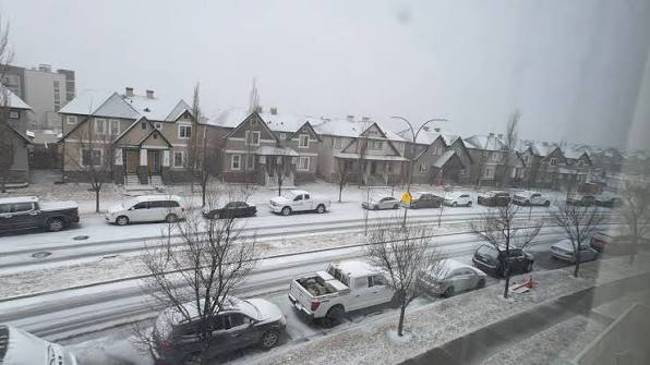 High-angle view of a residential street during a heavy snowfall, featuring a row of multi-story homes with snow-covered roofs, vehicles parked along snow-covered roads, and bare winter trees under an overcast sky in Northeast Calgary