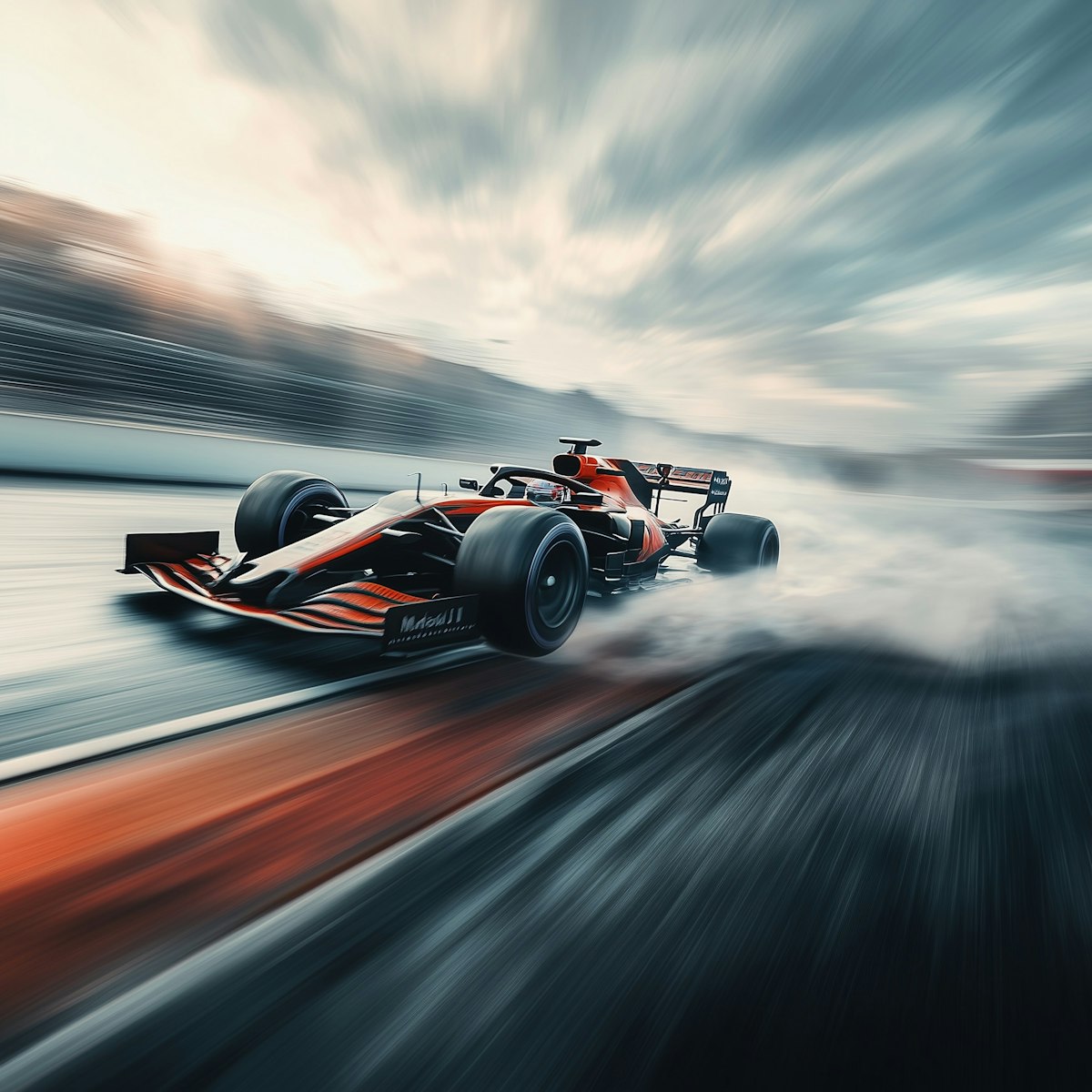 A sleek racing car speeding on a wet track, creating splashes of water with a dynamic, blurred background.