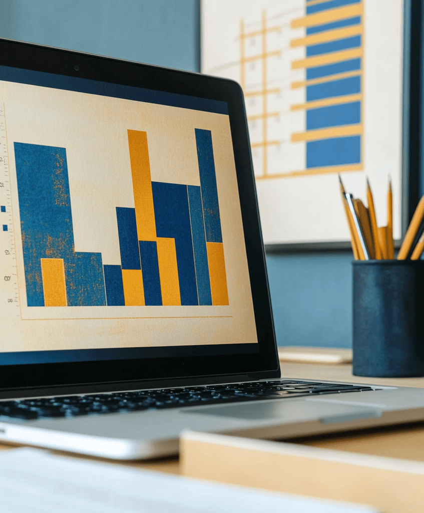 laptop on a desk displaying a bar chart.