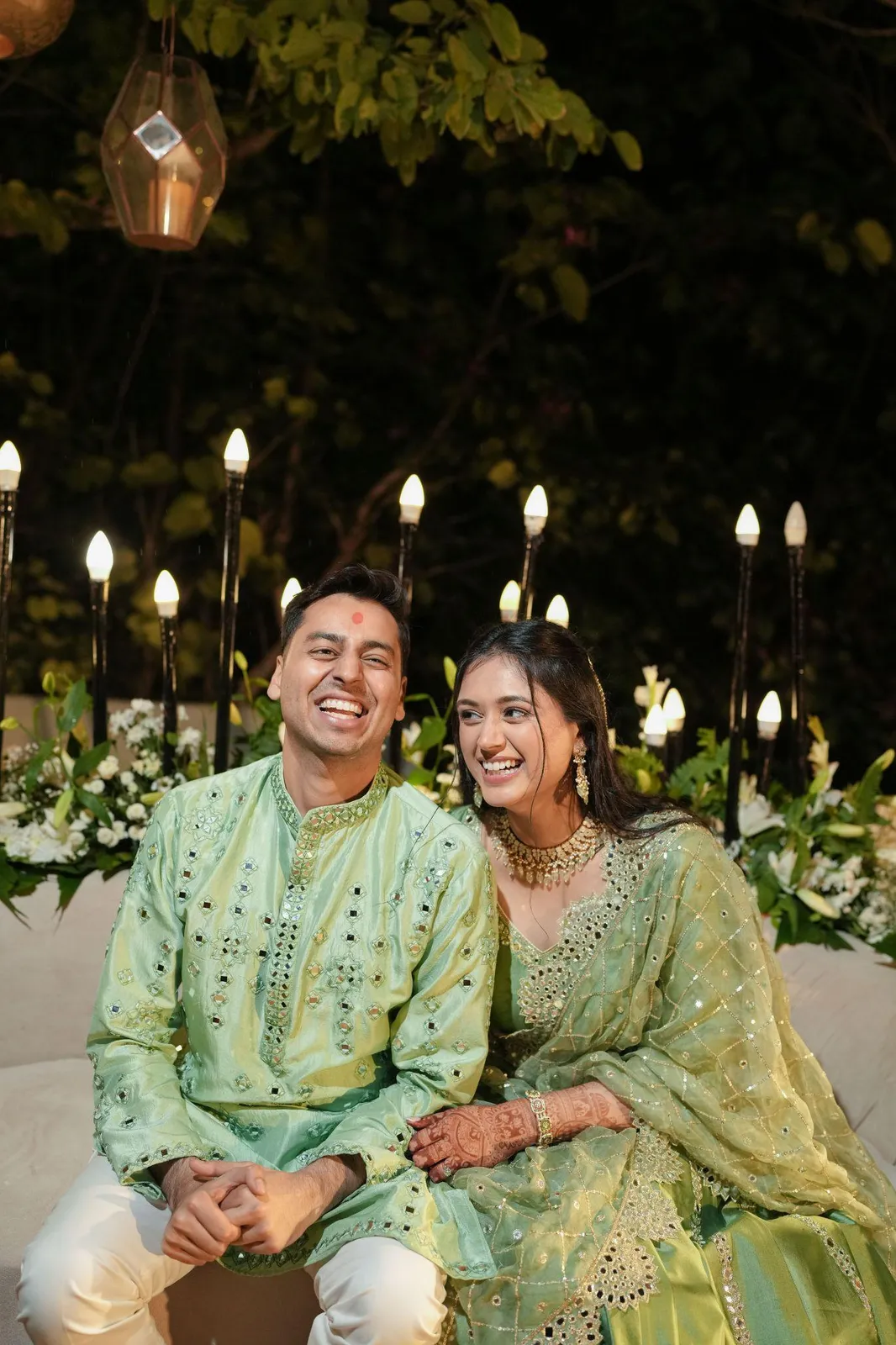Mehendi décor with gold and mirror work — Aesha and Param real wedding