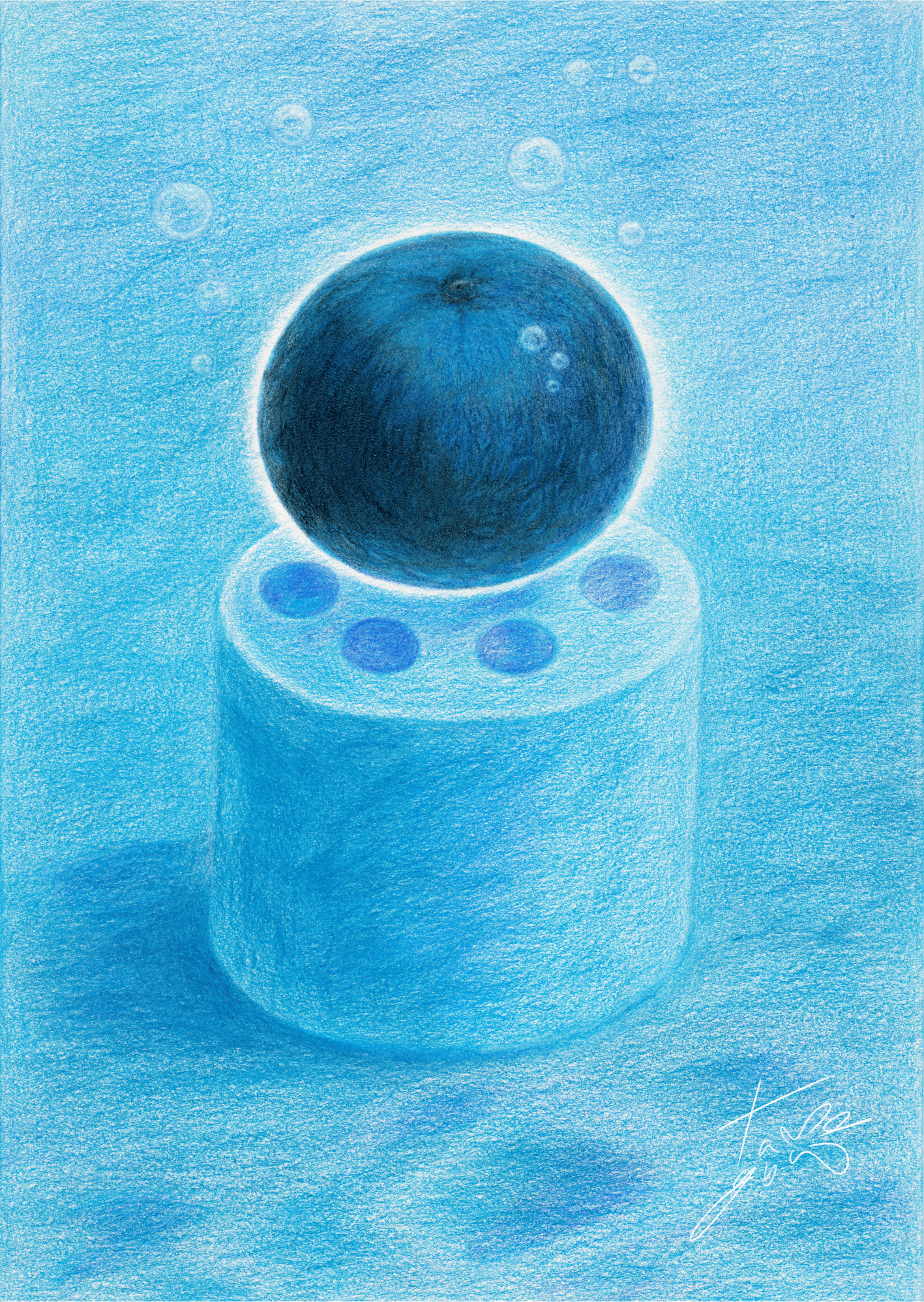 푸른 물살에 잠긴 연탄, 그 위에 오른 귤 