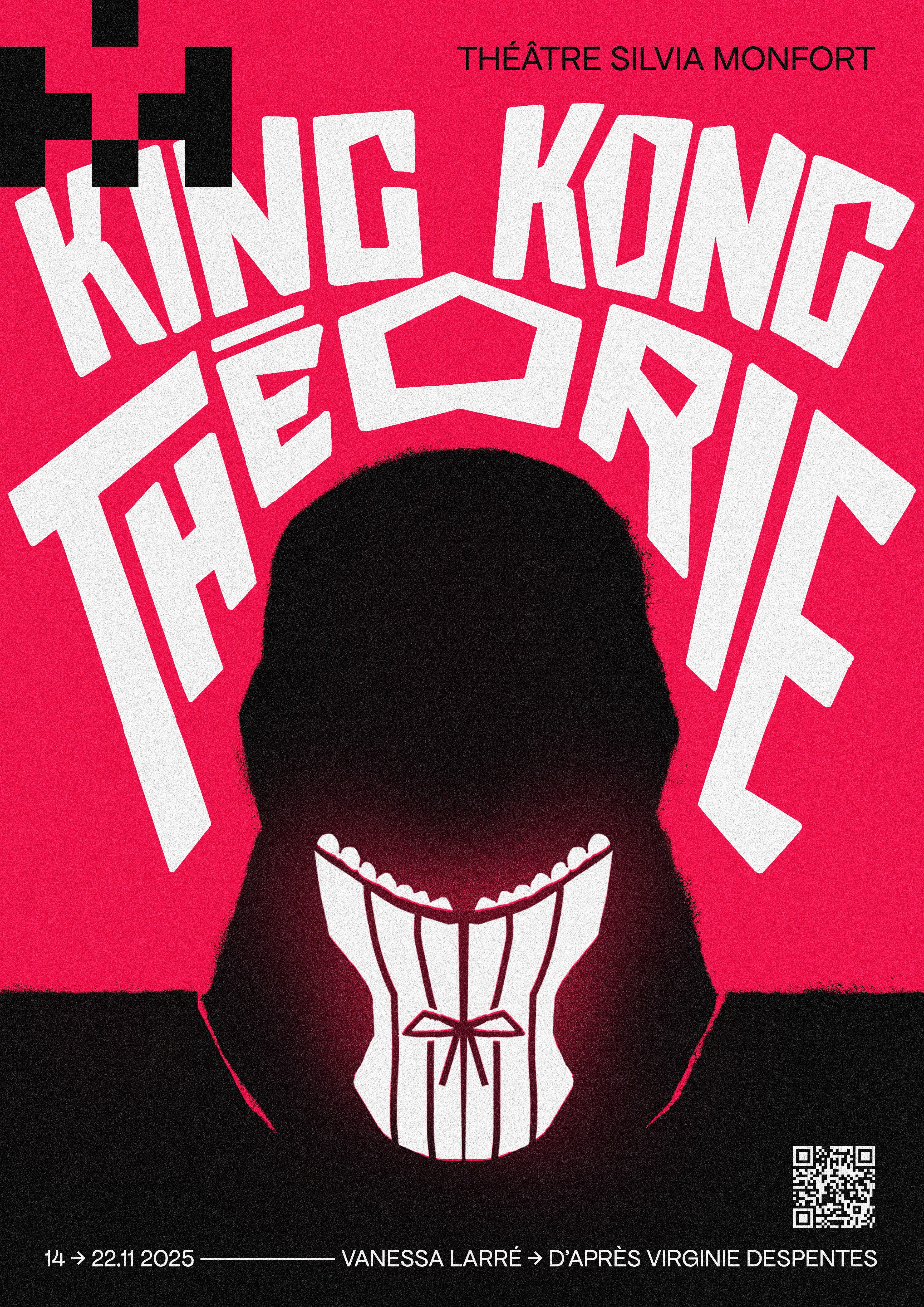 Full poster design for King Kong Théorie on a pink and black background, featuring angular white typography above a silhouetted figure wearing a corset.